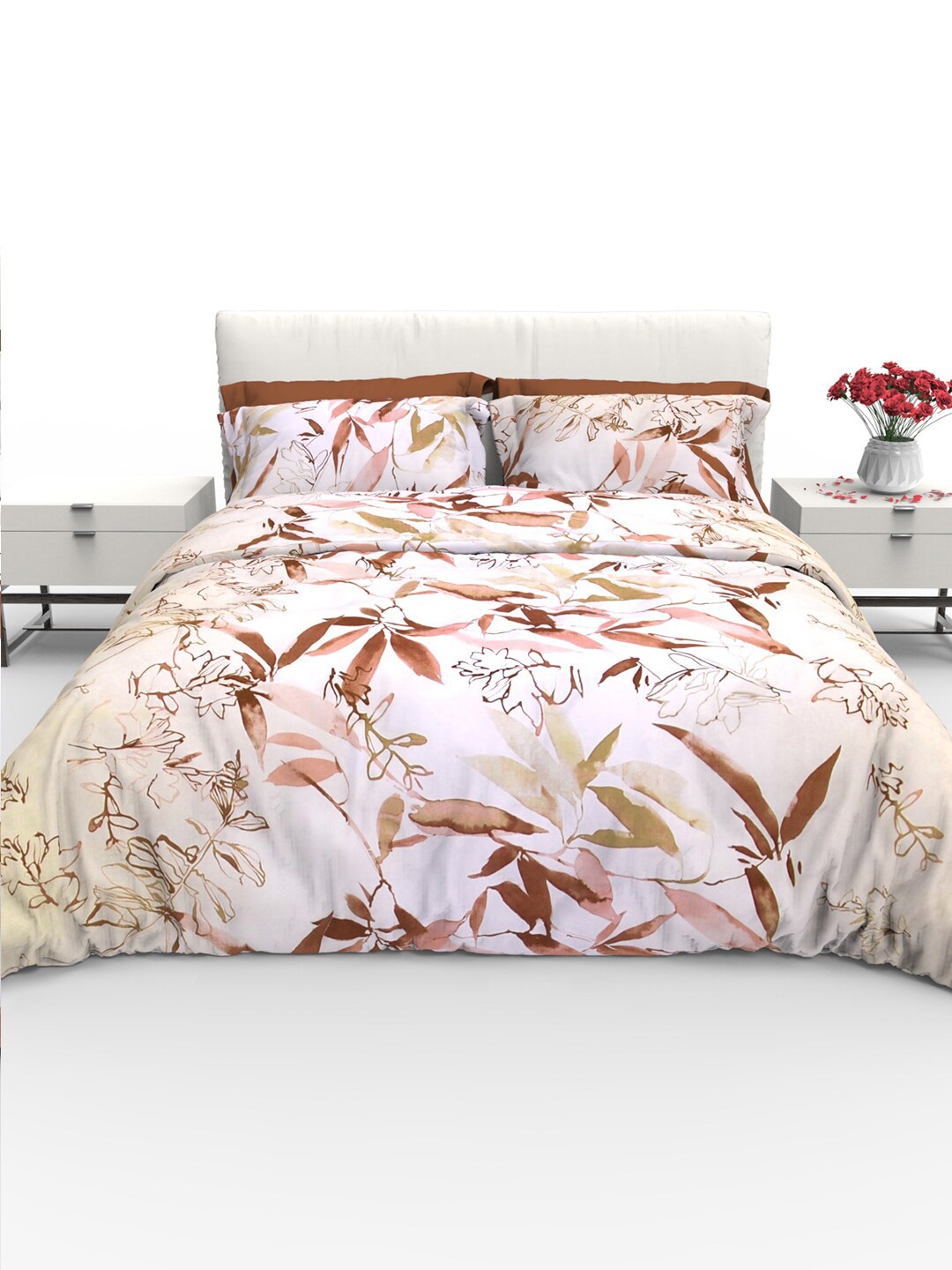 

THE WHITE MOSS Faith Brown Floral 220 TC Pure Cotton Queen Bedsheet with 2 Pillow Covers