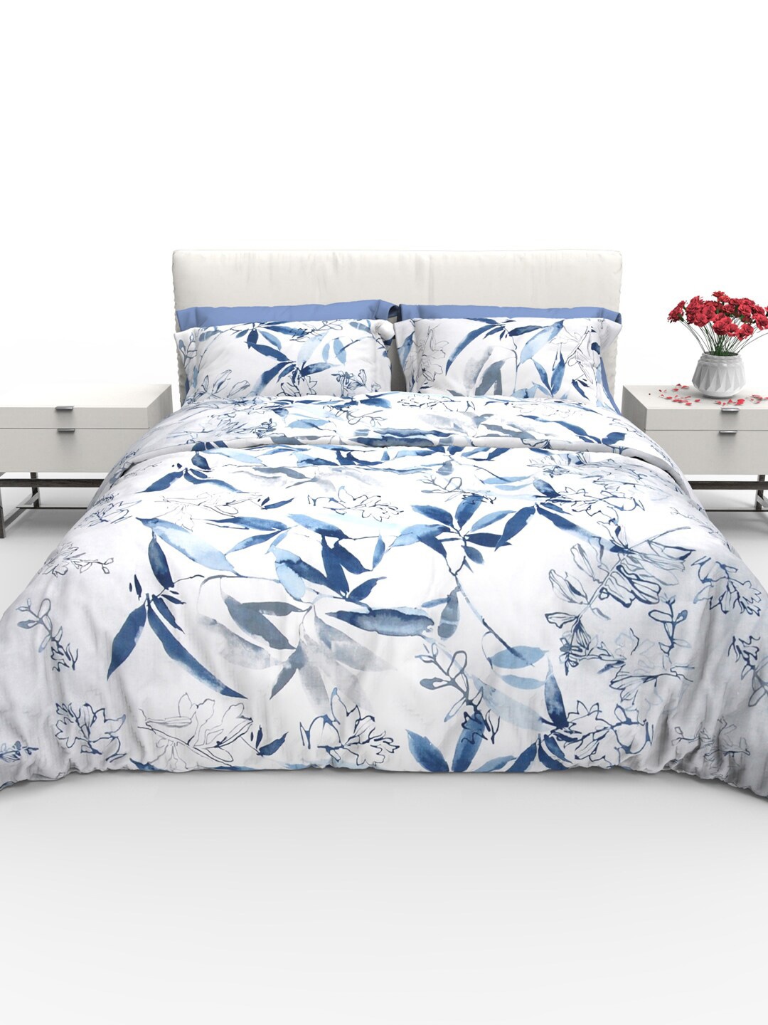 

THE WHITE MOSS Faith Blue Floral Pure Cotton 220 TC Queen Bedsheet with 2 Pillow Covers
