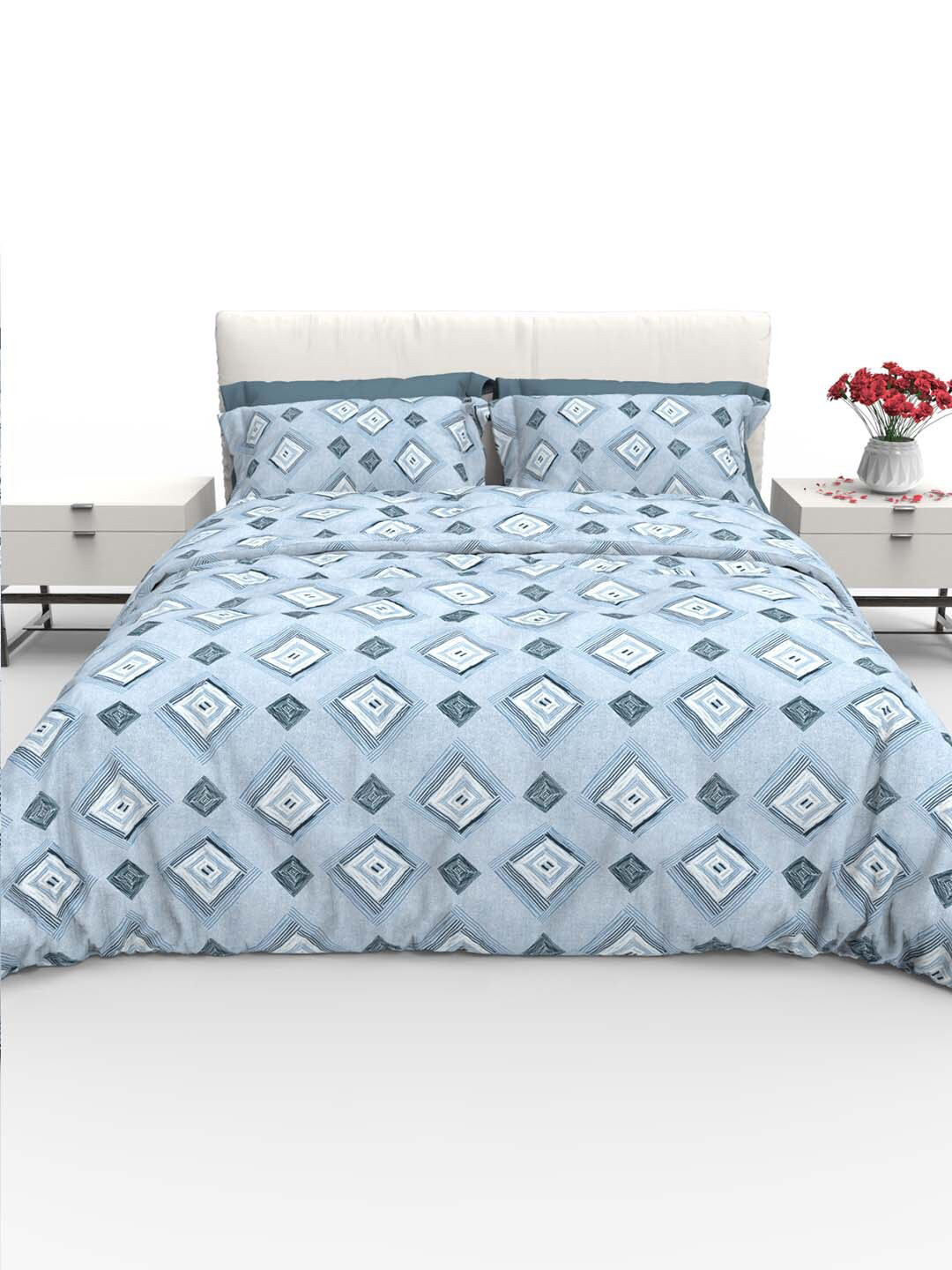 

THE WHITE MOSS Faith Blue Printed Pure Cotton 220 TC Queen Bedsheet With 2 Pillow Covers