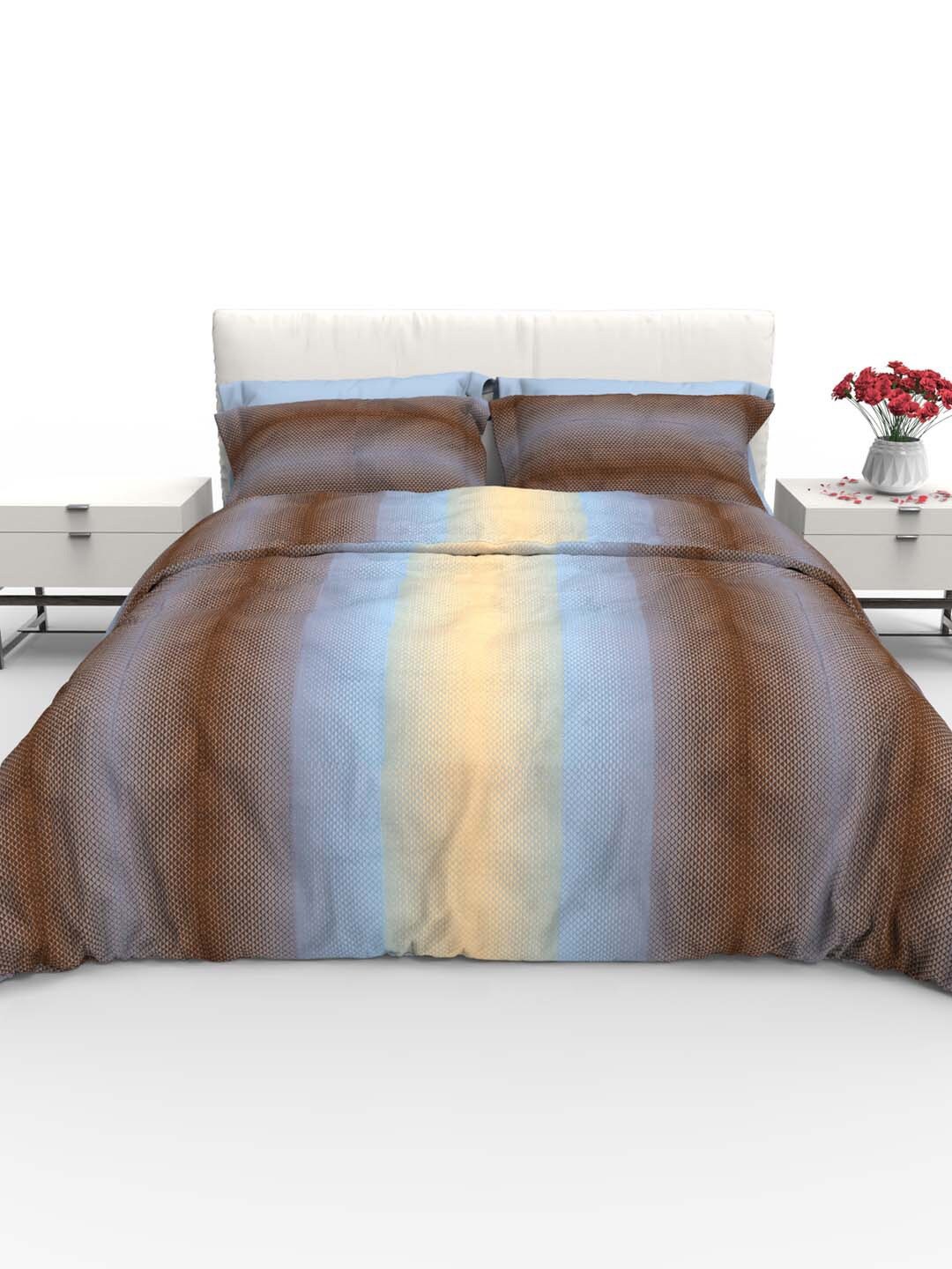 

THE WHITE MOSS Brown & Blue Striped Cotton Satin 220 TC Queen Bedsheet & 2 Pillow Covers