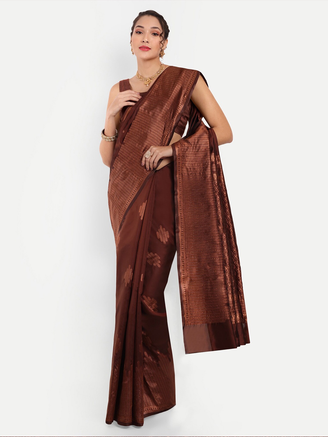 

Areca Designer Ethnic Motifs Woven Design Zari Banarasi Saree, Brown