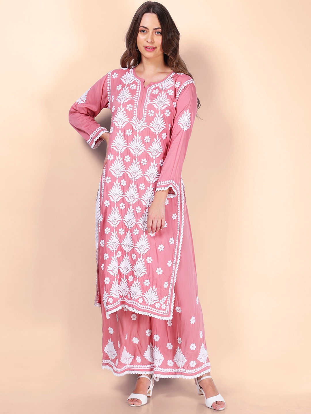 

Syrish Embroidered Regular Chikankari Kurta With Palazzos, Pink