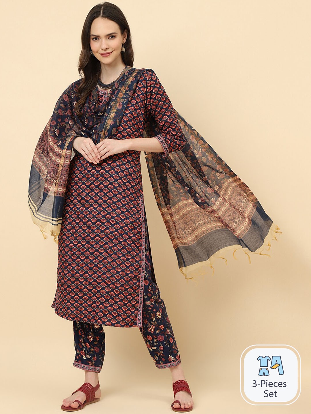 

KALINI Floral Printed Kurta with Trousers & Dupatta, Brown