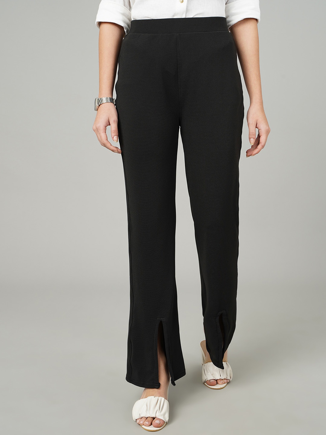 

FITHUB Women Relaxed Flared High-Rise Easy Wash Bootcut Trousers, Black