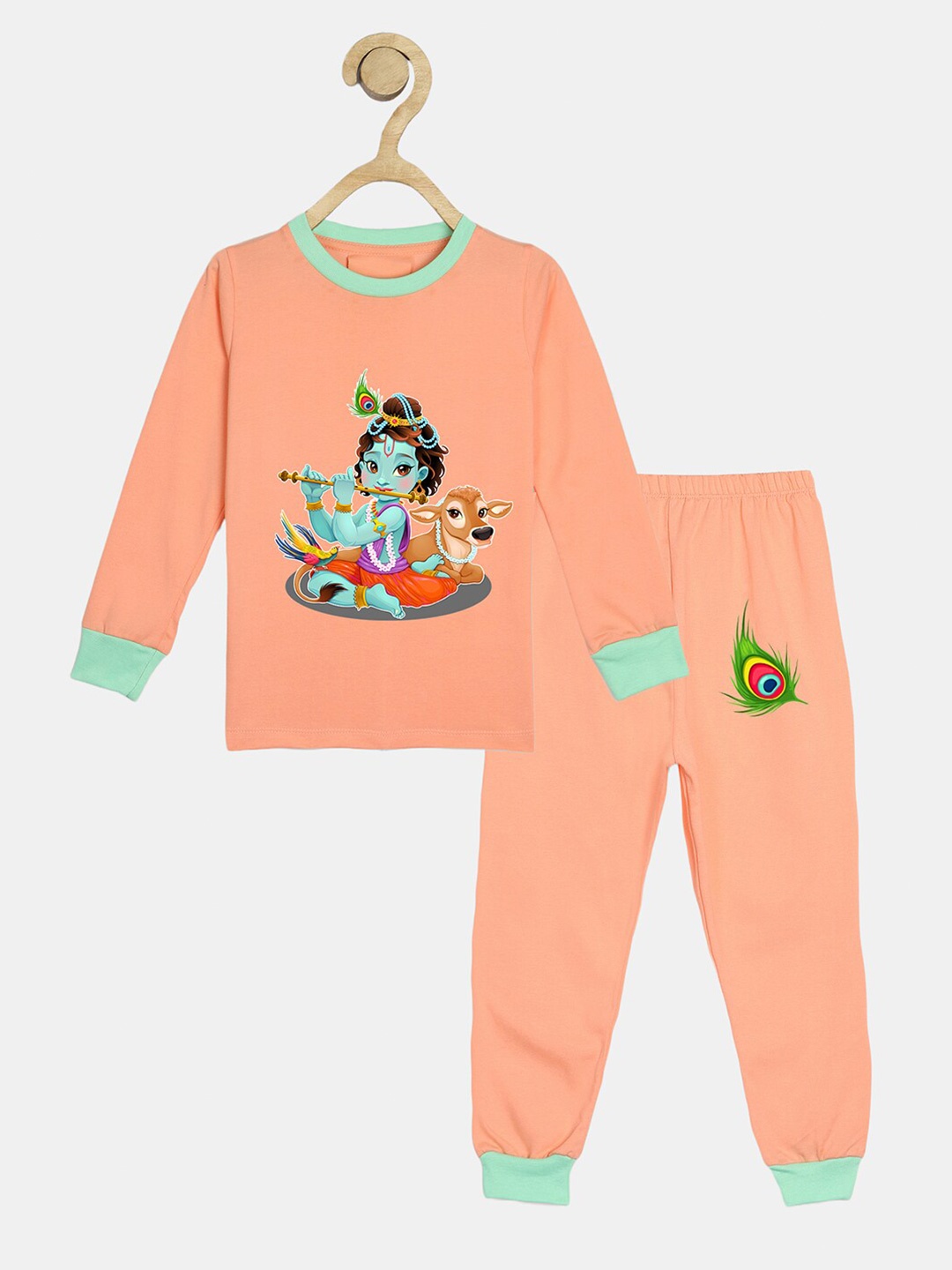 

Wyld Sprog Boys Little Krishna Printed Pure Cotton T-shirt With Pyjamas, Peach