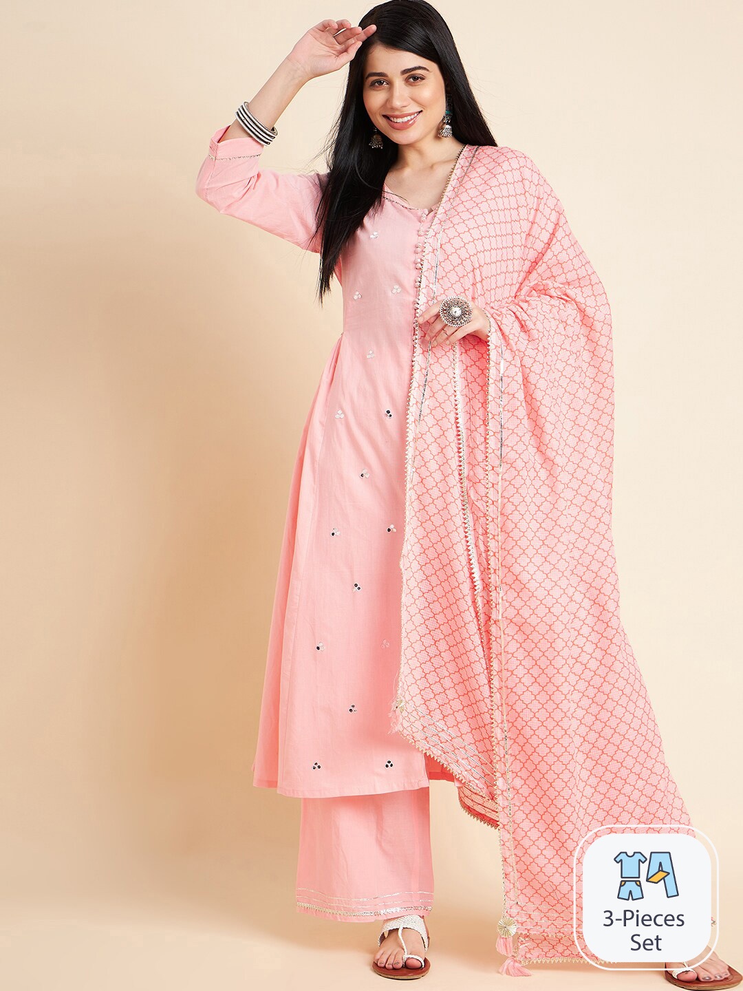 

Ishin Mirror Work Pure Cotton A-Line Kurta With Trousers & Dupatta, Pink
