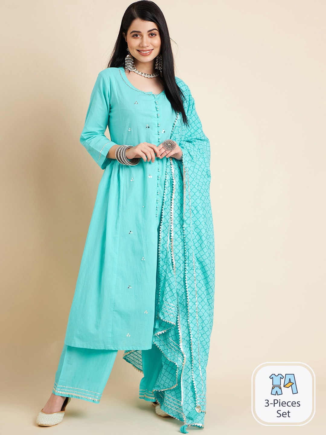 

Ishin Mirror Work Pure Cotton A-Line Kurta With Trousers & Dupatta, Turquoise blue