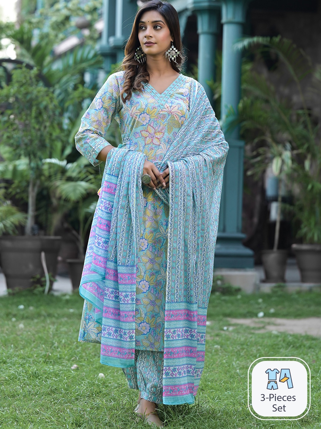 

Ishin Ethnic Motifs Printed Pure Cotton A-Line Kurta With Trousers & Dupatta, Turquoise blue