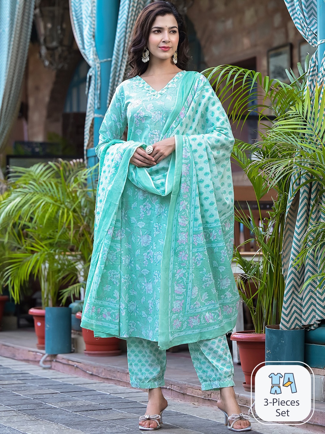 

Ishin Floral Printed Sequinned Pure Cotton Straight Kurta With Trousers & Dupatta, Sea green