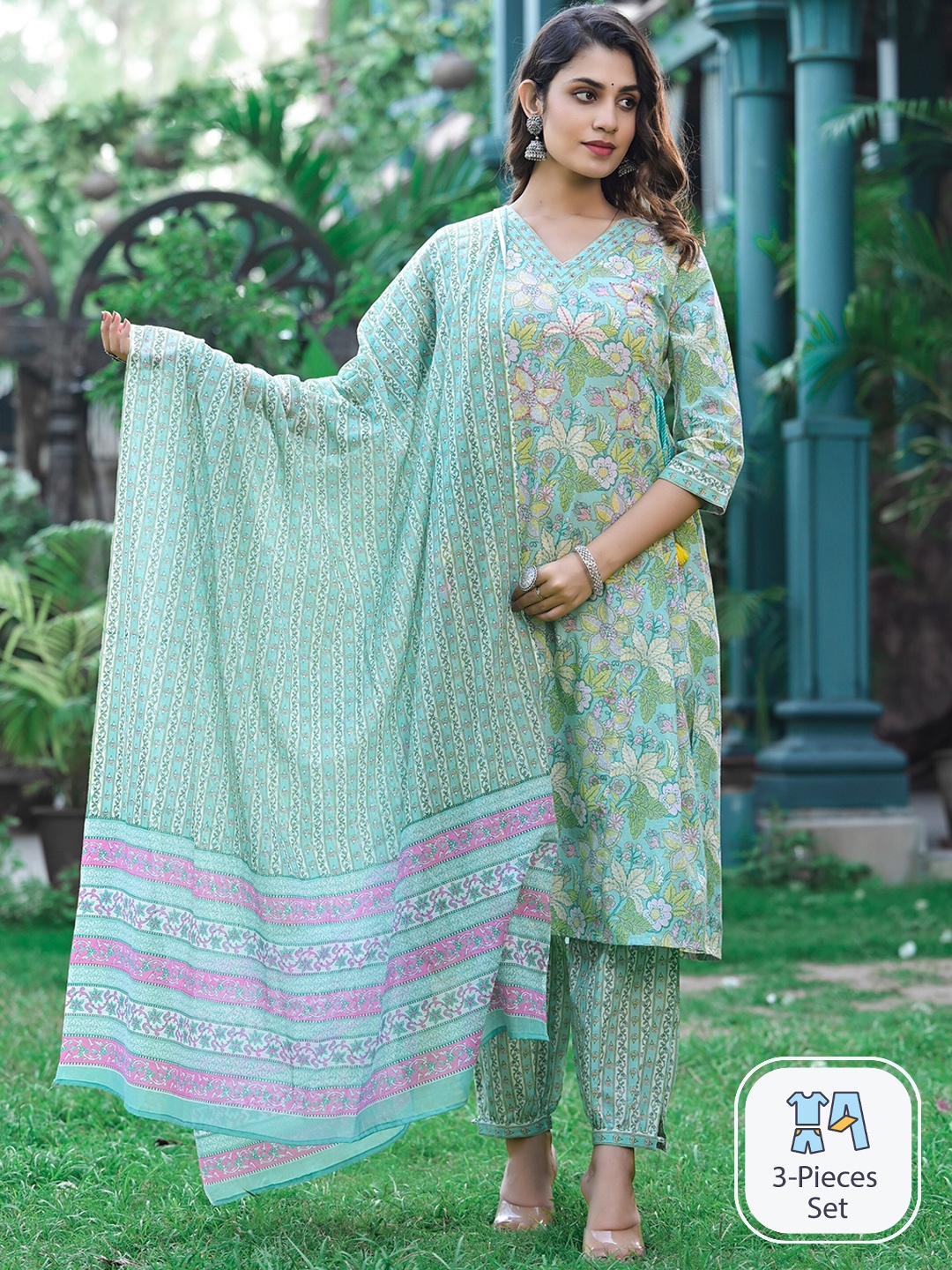 

Ishin Ethnic Printed Sequinned Pure Cotton A-Line Kurta With Trousers & Dupatta, Sea green