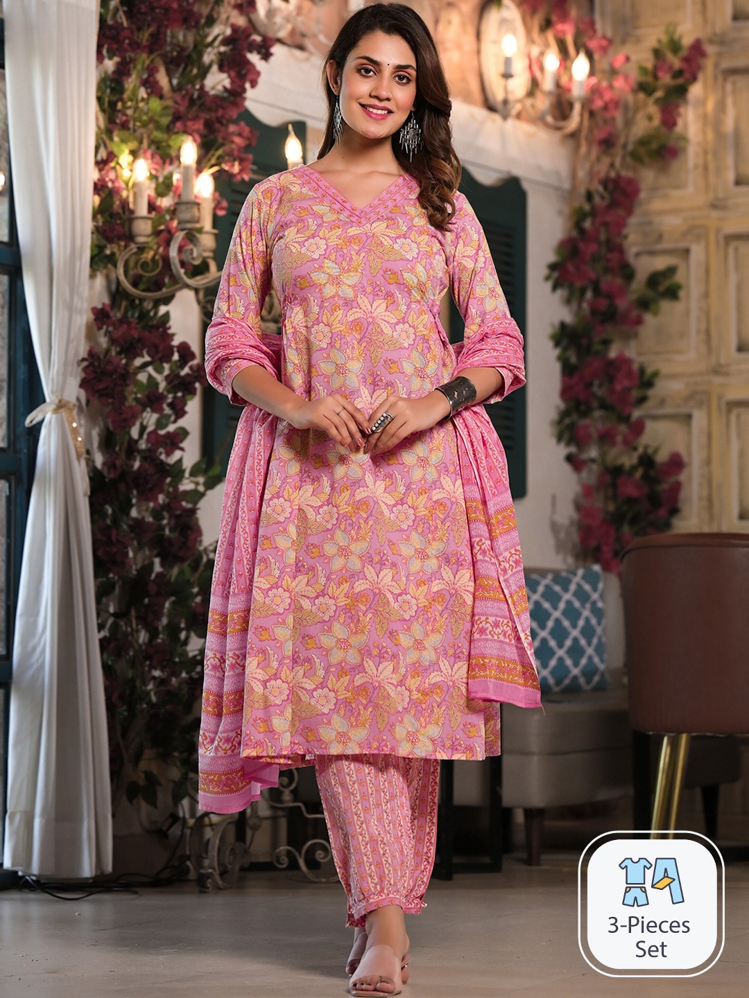 

Ishin Floral Printed Pure Cotton Kurta With Trousers & Dupatta, Pink