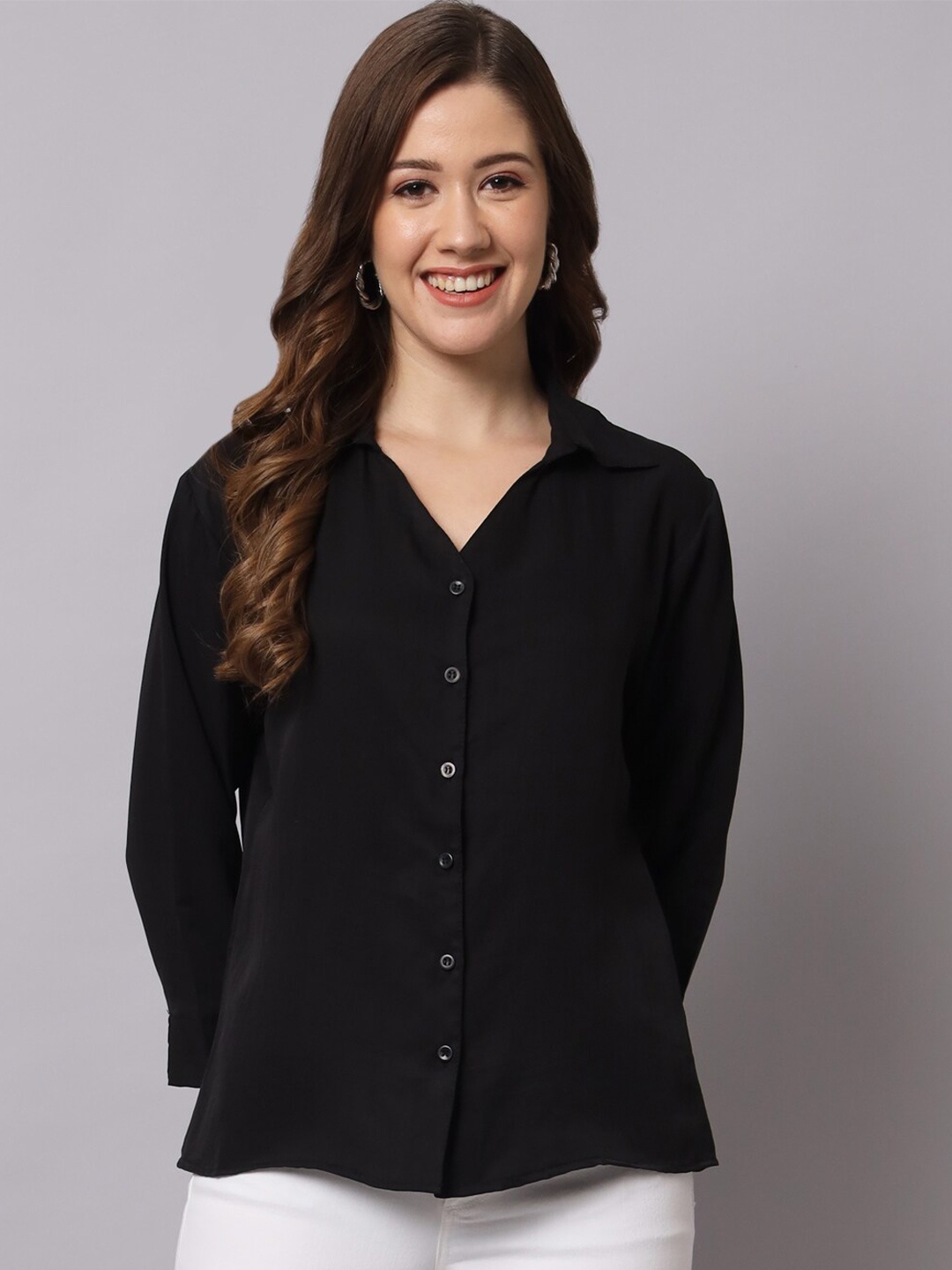 

Funday Fashion Spread Collar Regular Fit Casual Crepe Shirt, Black