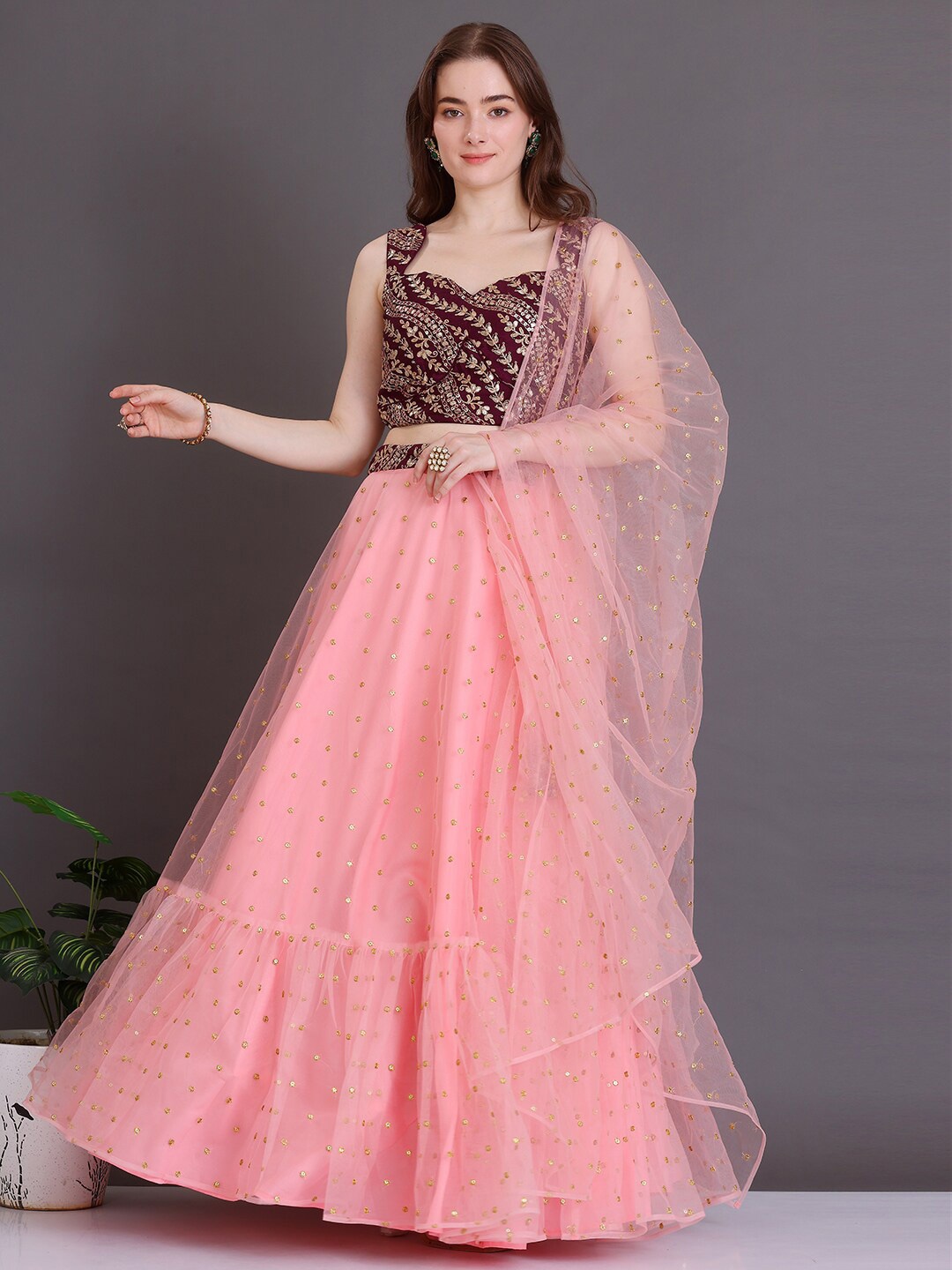 

EthnovogEmbroidered Sequinned Ready to Wear Lehenga & Blouse With Dupatta, Purple
