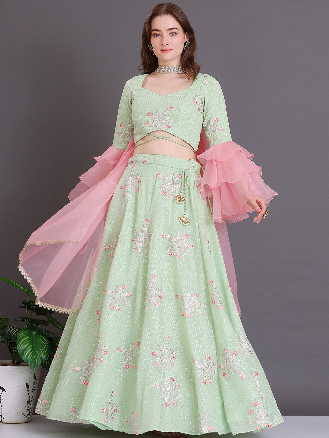 

Ethnovog Embellished Sequinned Ready to Wear Lehenga & Blouse With Dupatta, Green
