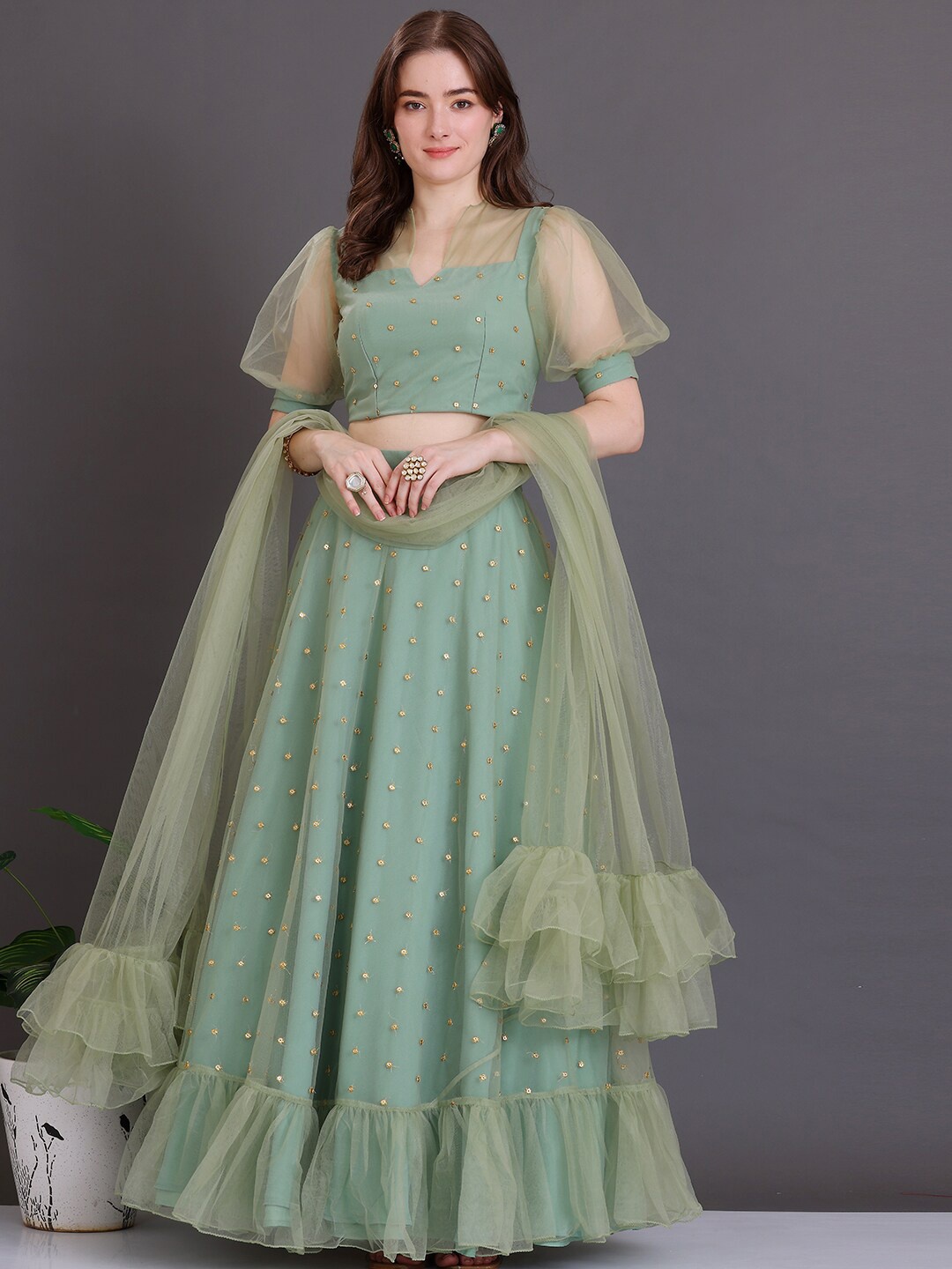 

Ethnovog Embellished Sequinned Ready to Wear Lehenga & Blouse With Dupatta, Green