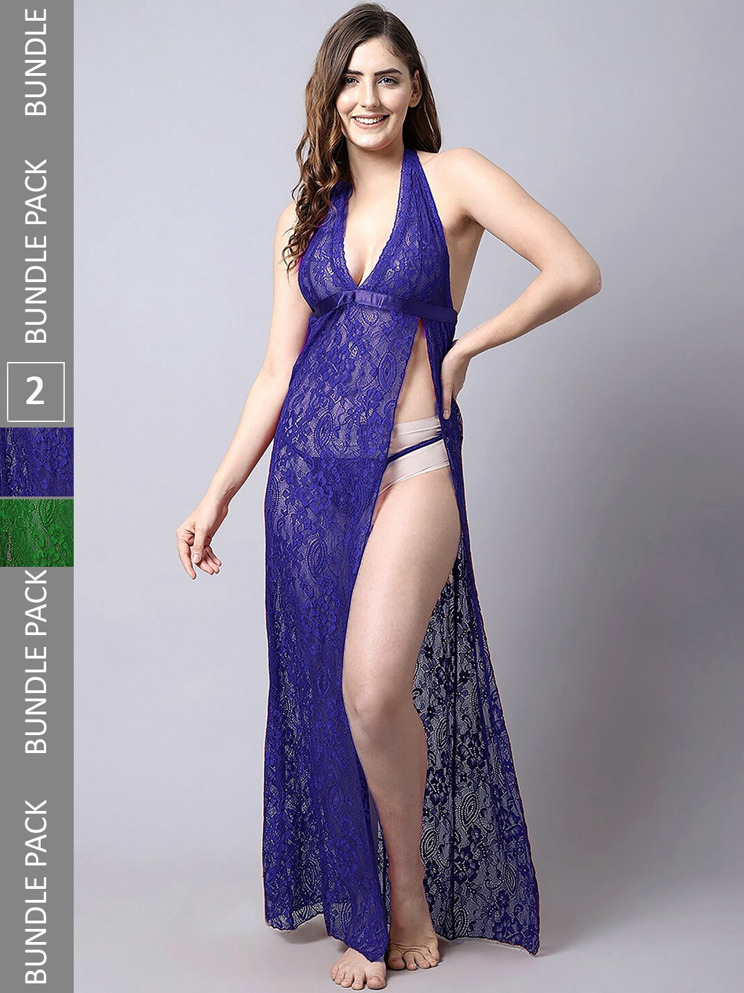 

Aamarsh Pack Of 2 Self Design Halter Neck Net Baby Doll, Blue