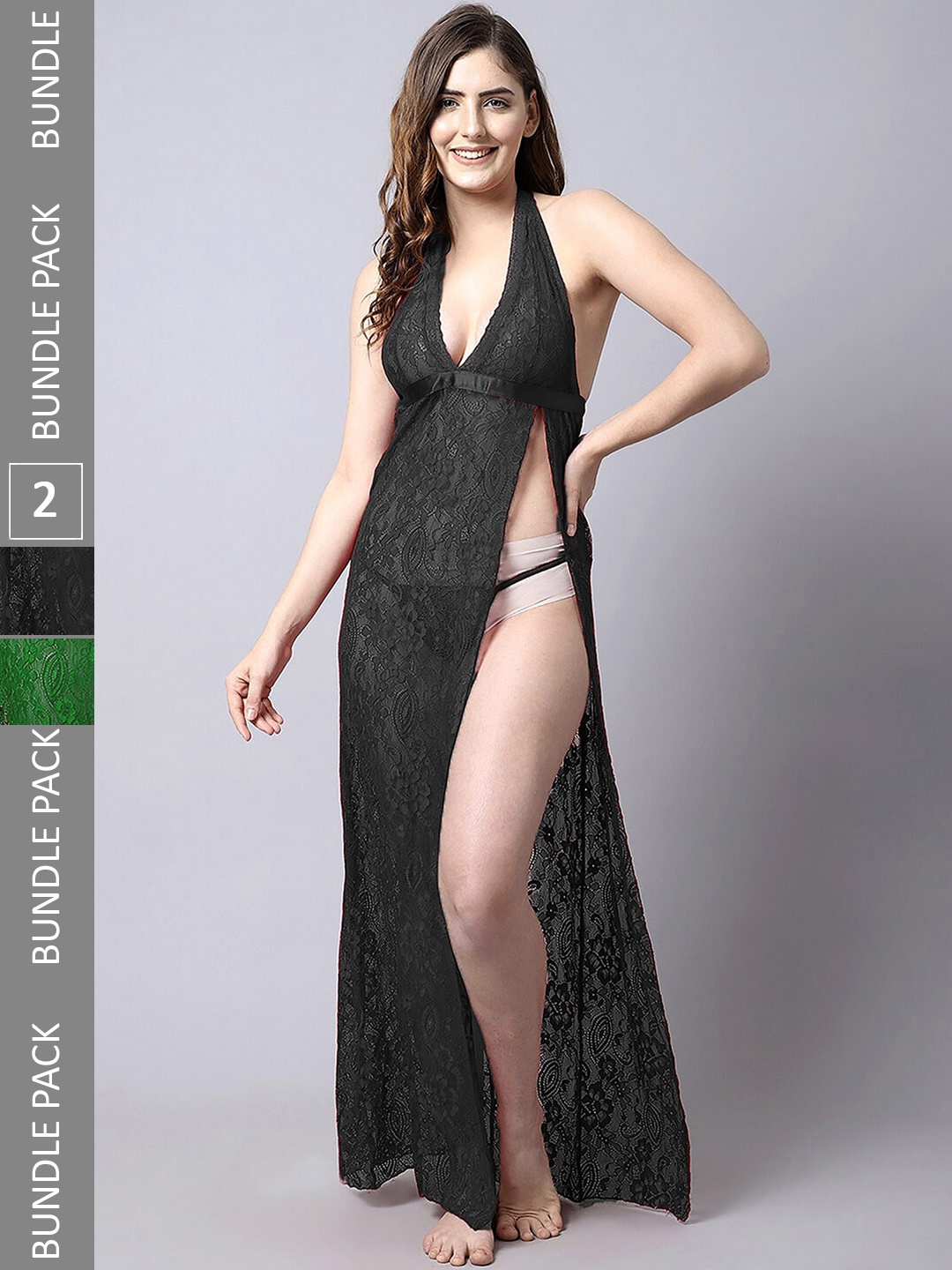 

Aamarsh Pack Of 2 Self Design Halter Neck Net Baby Doll, Black