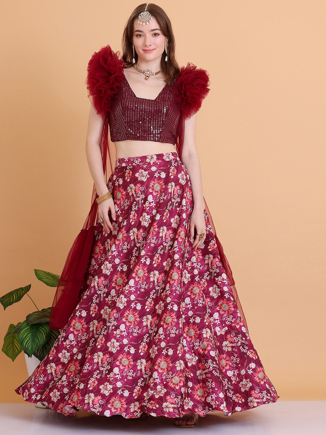 

Ethnovog Embellished Sequinned Ready to Wear Lehenga &, Maroon
