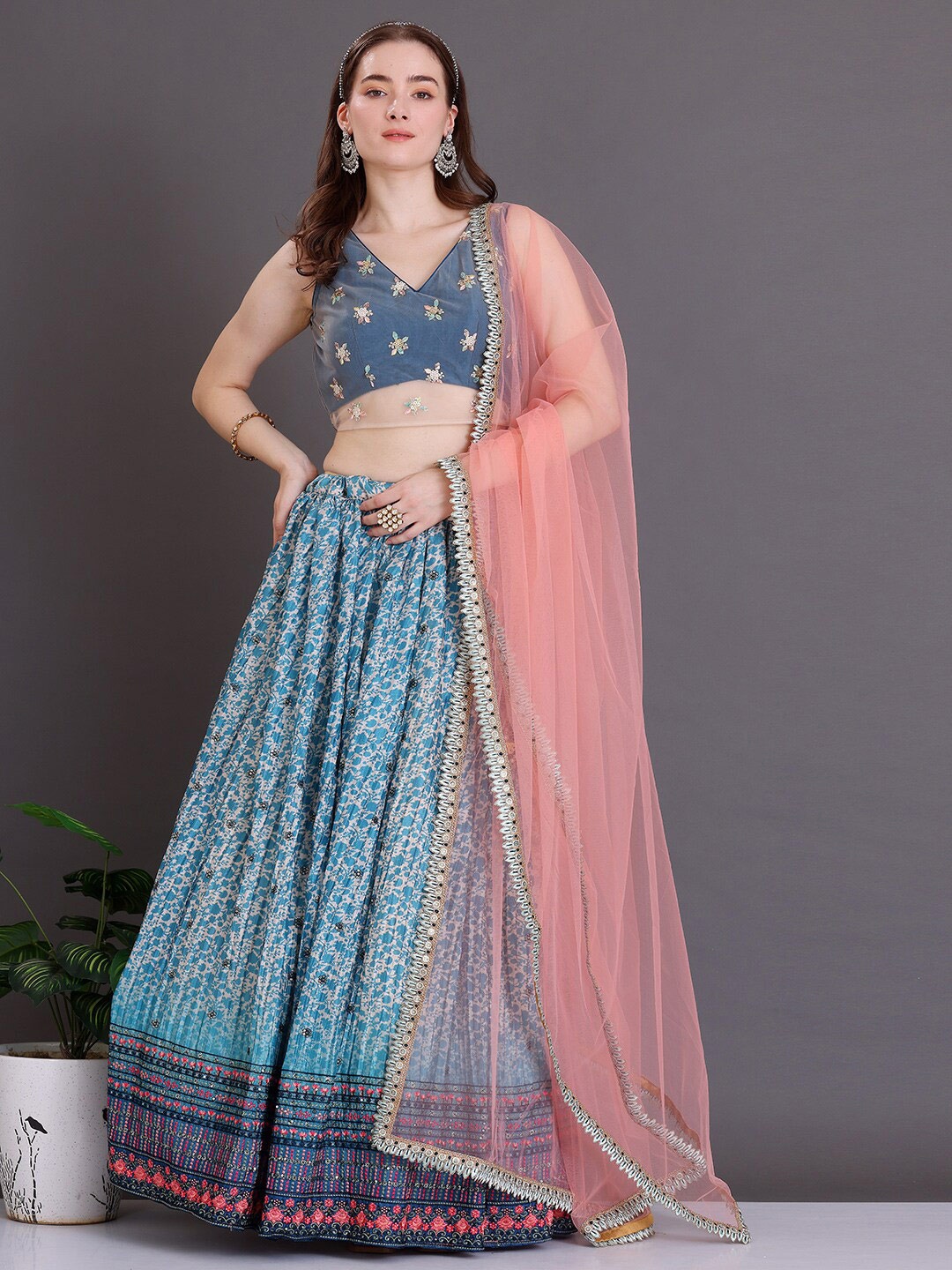 

Ethnovog Embroidered Ready to Wear Lehenga & Blouse With Dupatta, White