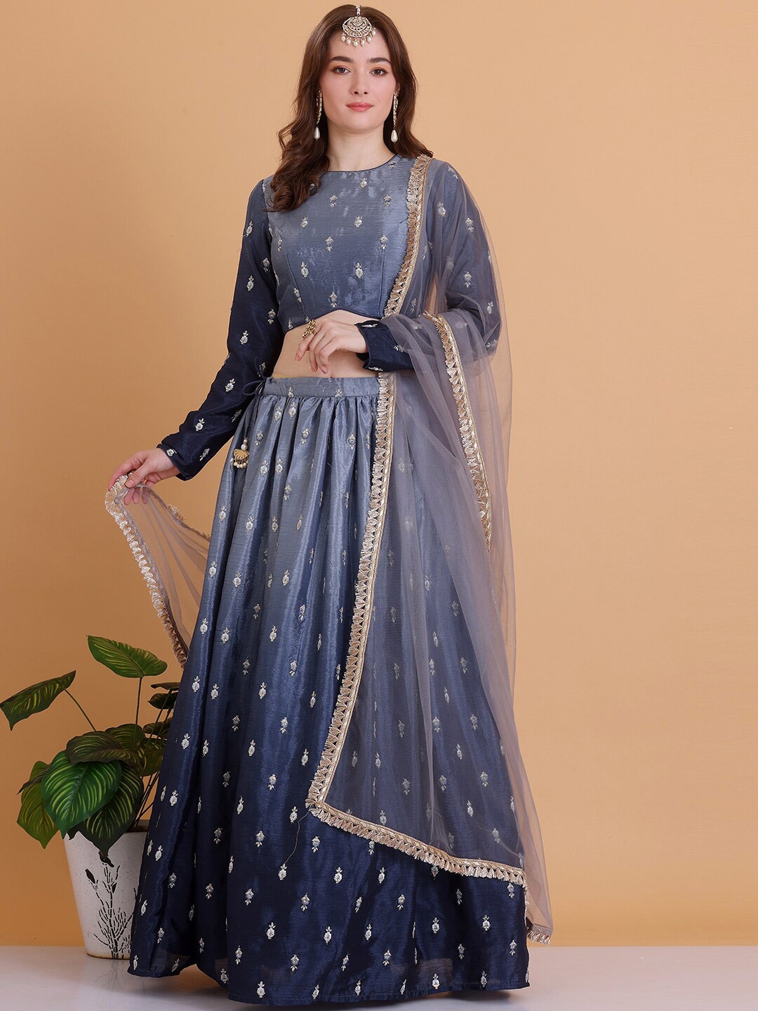 

Ethnovog Embroidered Ready to Wear Lehenga & Blouse With Dupatta, Grey