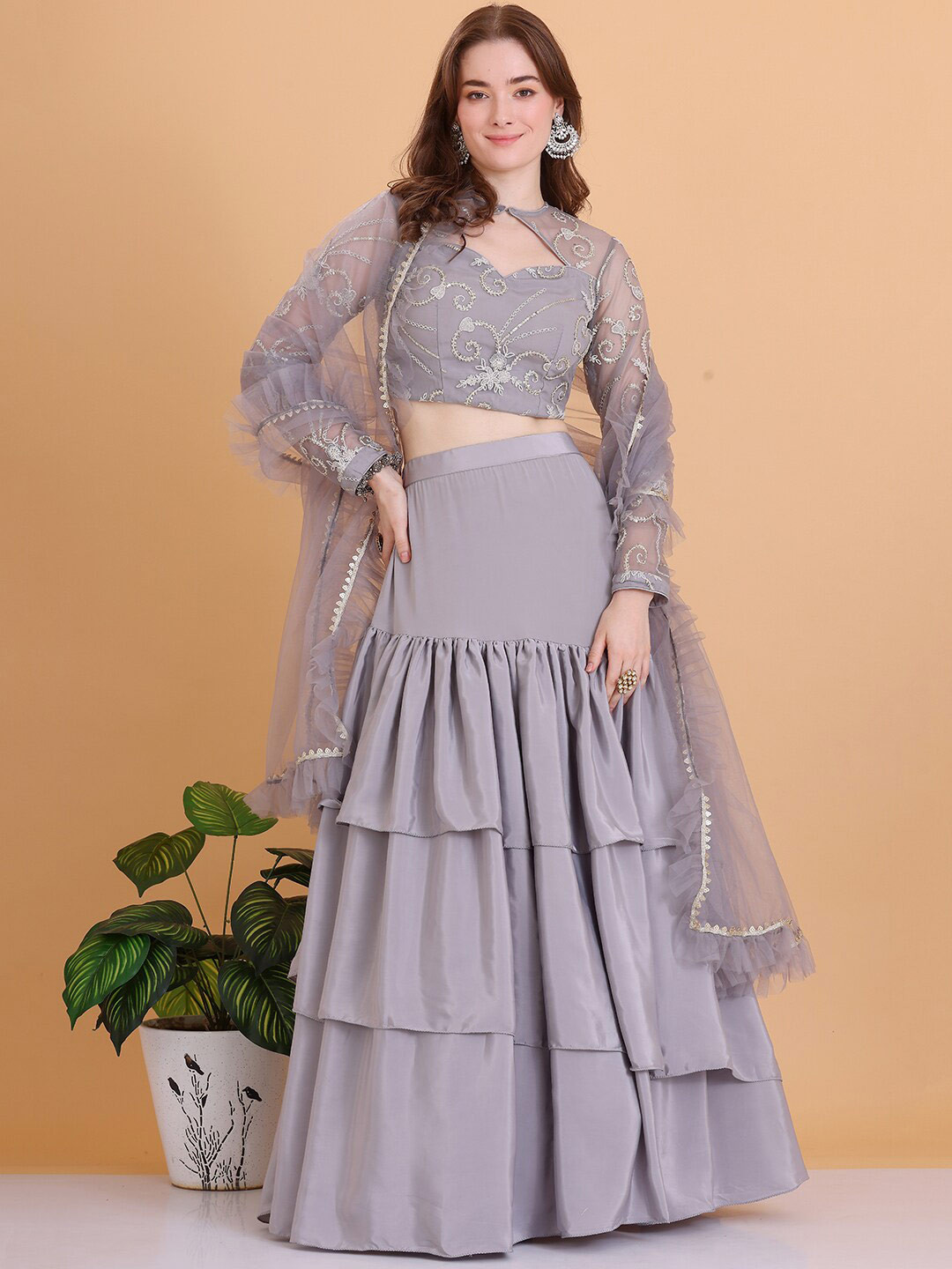 

Ethnovog Embellished Sequinned Detail Ready to Wear Lehenga & Blouse With Dupatta, Grey