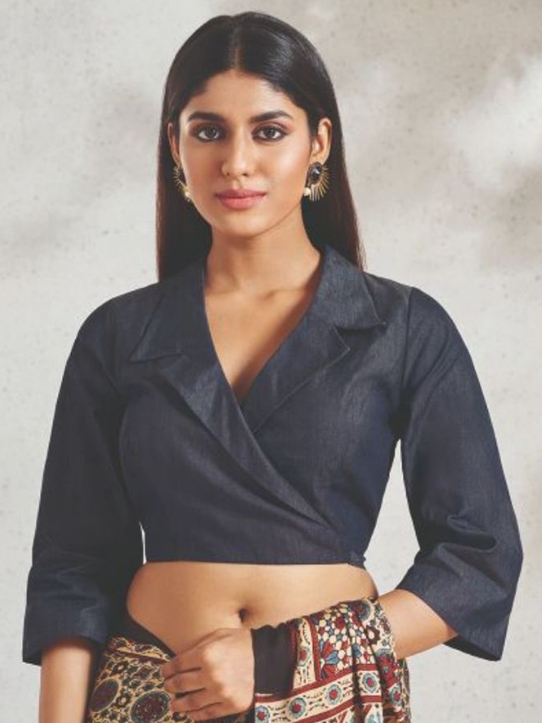 

SALWAR STUDIO Lapel Collar Denim Wrap Readymade Saree Blouse, Navy blue
