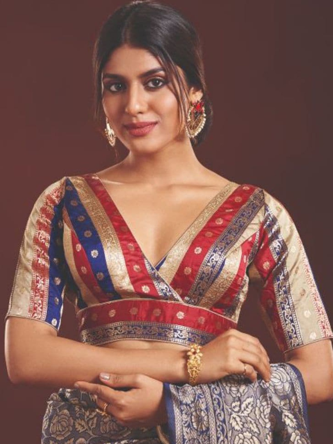 

SALWAR STUDIO Ethnic Motifs Woven Design Brocade Saree Blouse, Blue