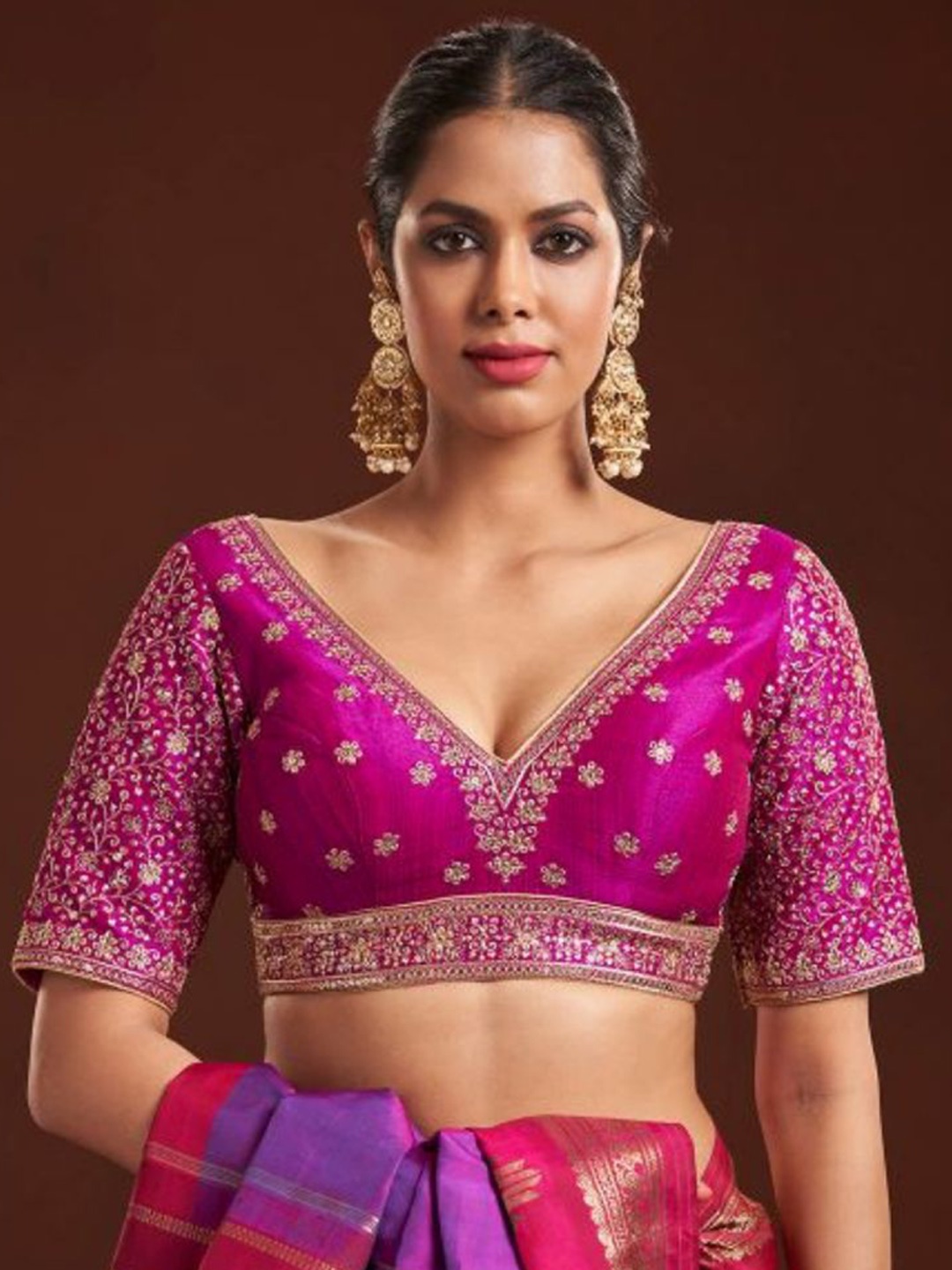 

SALWAR STUDIO Floral Embroidered Saree Blouse, Purple