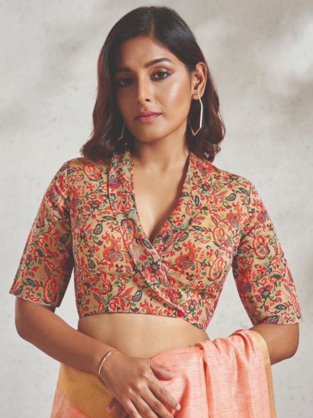 

SALWAR STUDIO Ethnic Motifs Printed Chanderi Saree Blouse, Beige