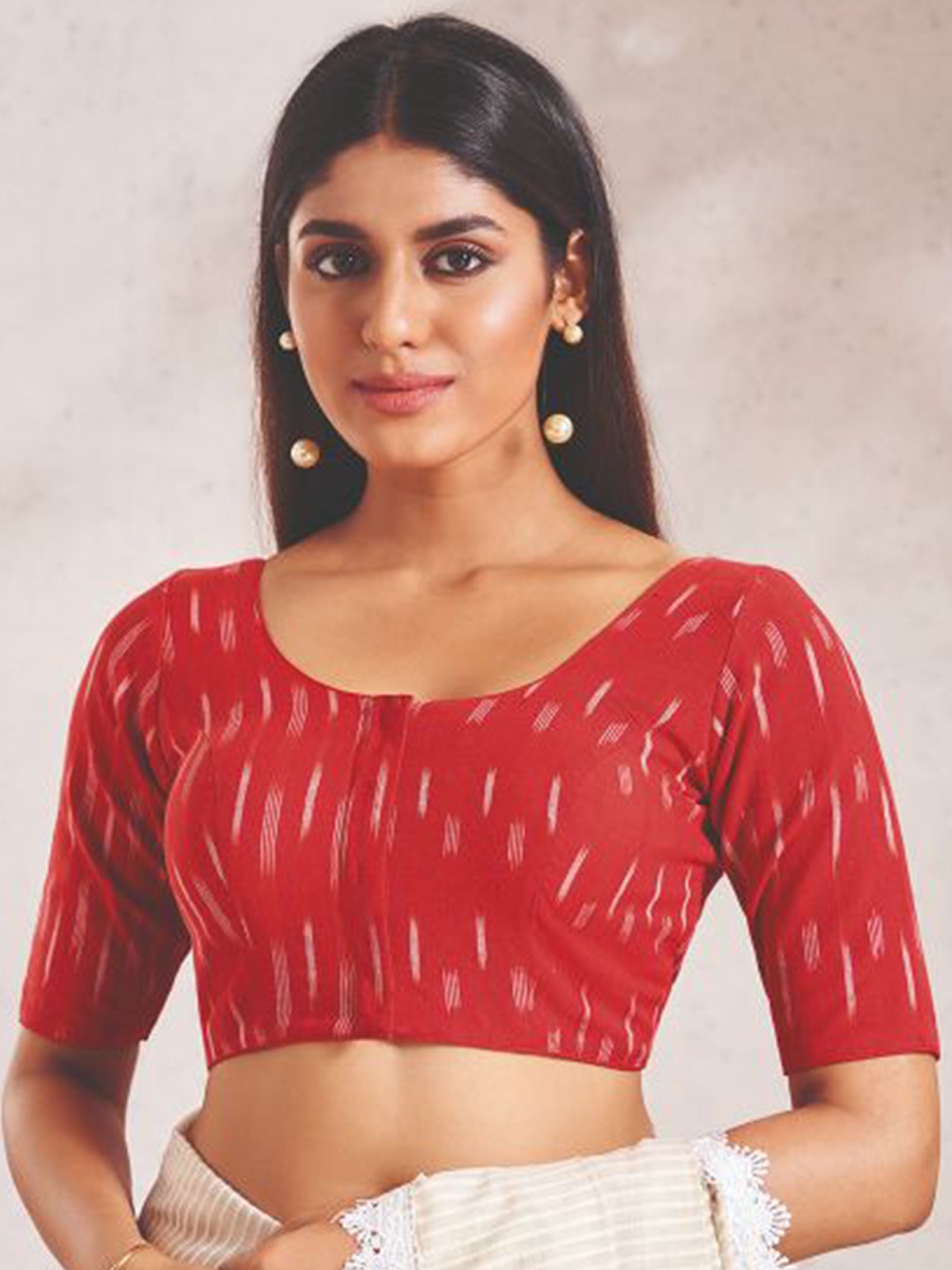 

SALWAR STUDIO Ikat Printed Cotton Saree Blouse, Red