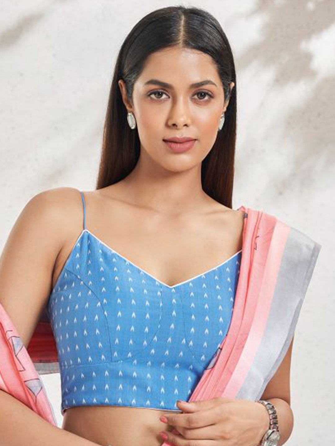 

SALWAR STUDIO Shoulder Strap Neck Ethnic Motif Printed Linen Saree Blouse, Blue