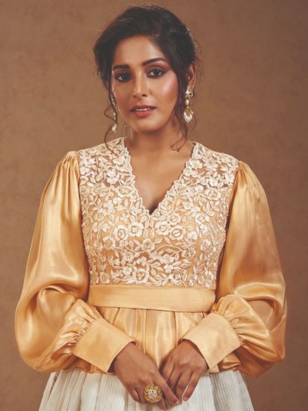 

SALWAR STUDIO Embroidered V-Neck Tie-Up Saree Blouse, Beige