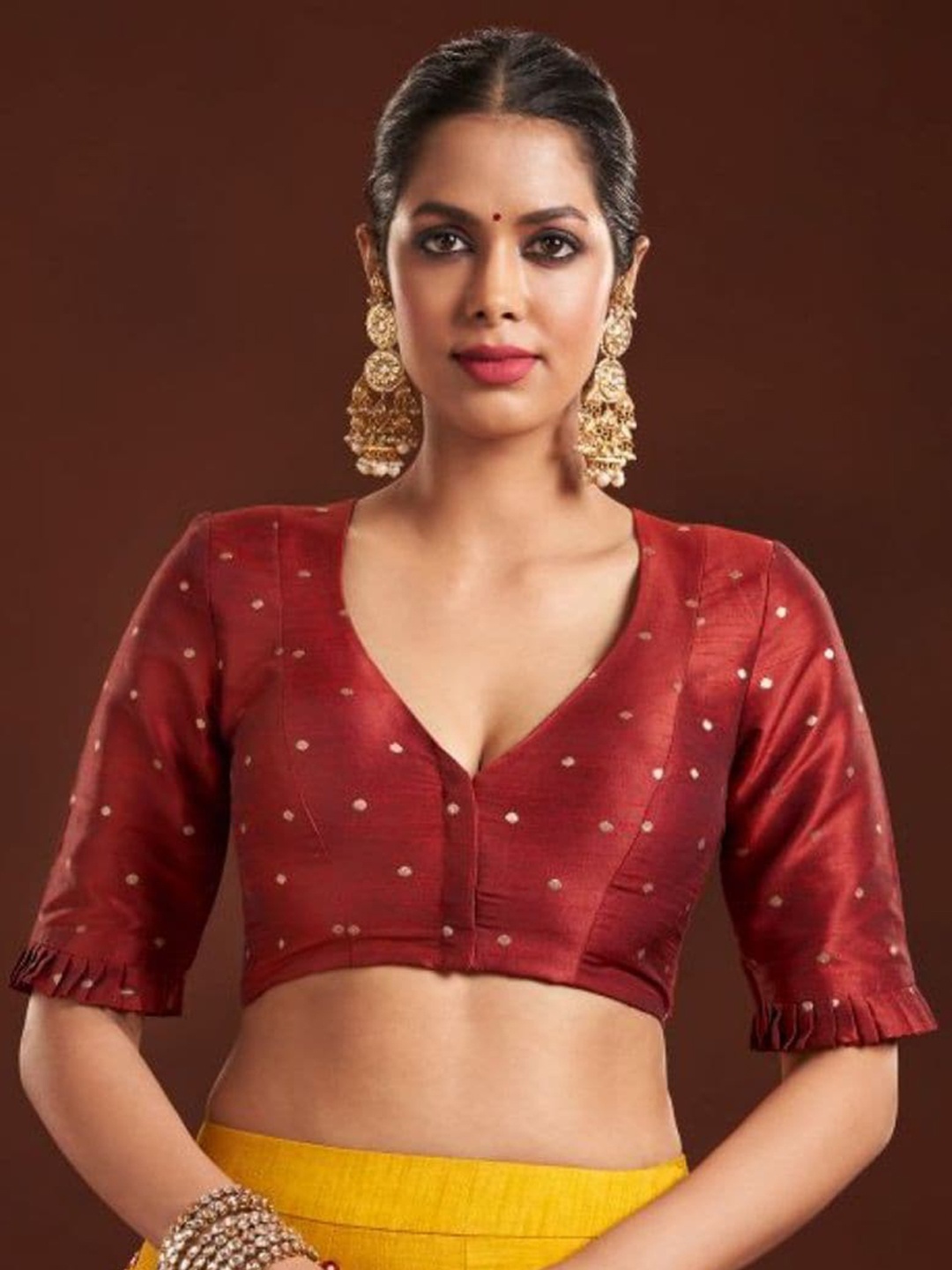 

SALWAR STUDIO Woven Design Brocade Readymade Saree Blouse, Maroon