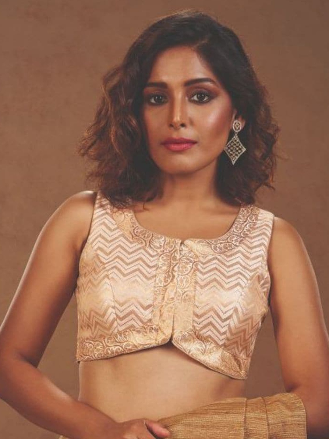 

SALWAR STUDIO Woven Design Brocade Readymade Saree Blouse, Cream