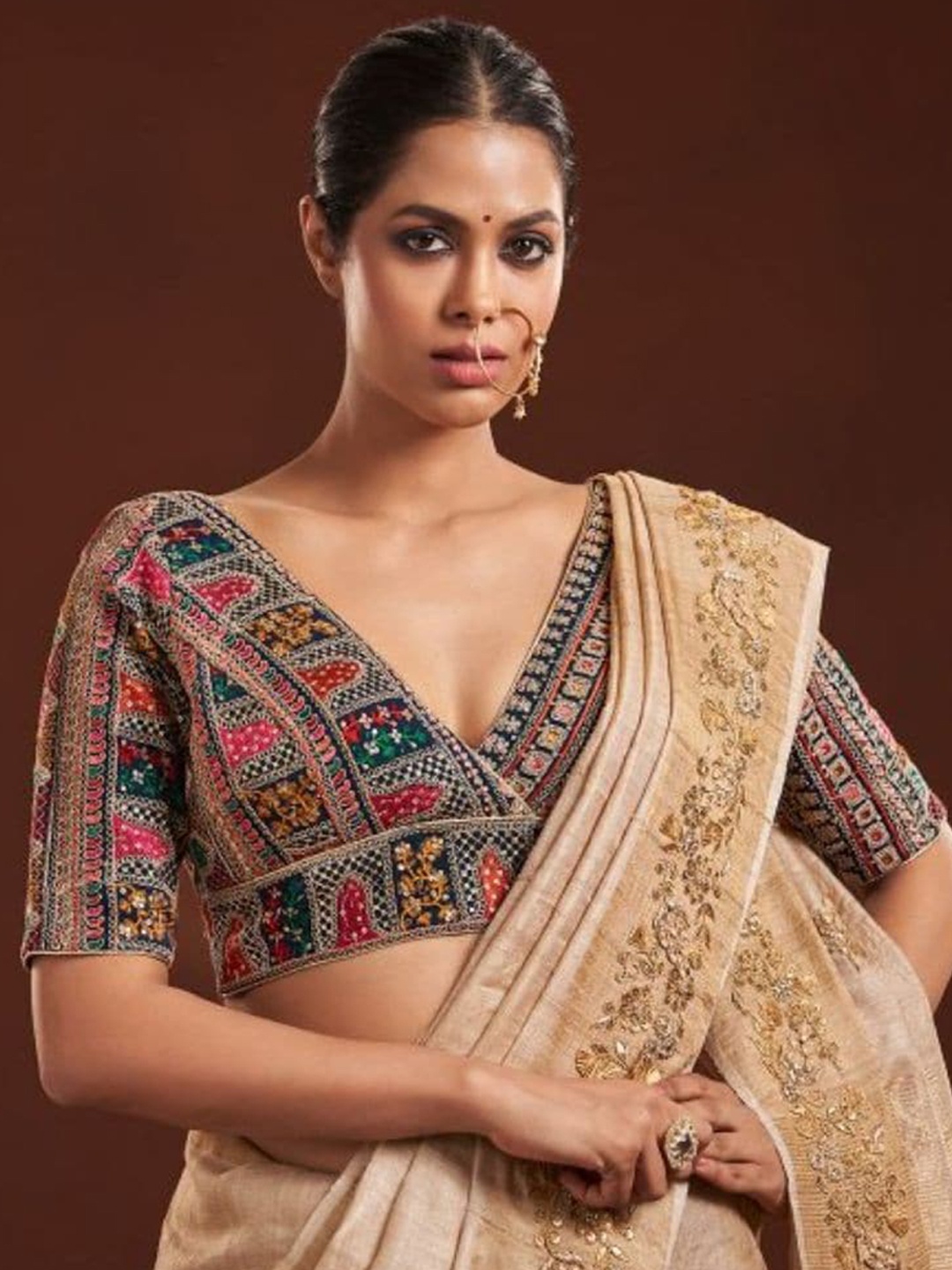

SALWAR STUDIO V-Neck Embroidered Saree Blouse, Pink