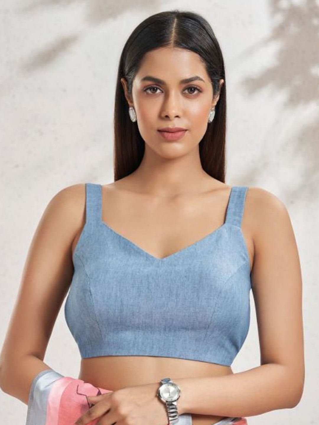 

SALWAR STUDIO Cut-Out Back Denim Saree Blouse, Blue
