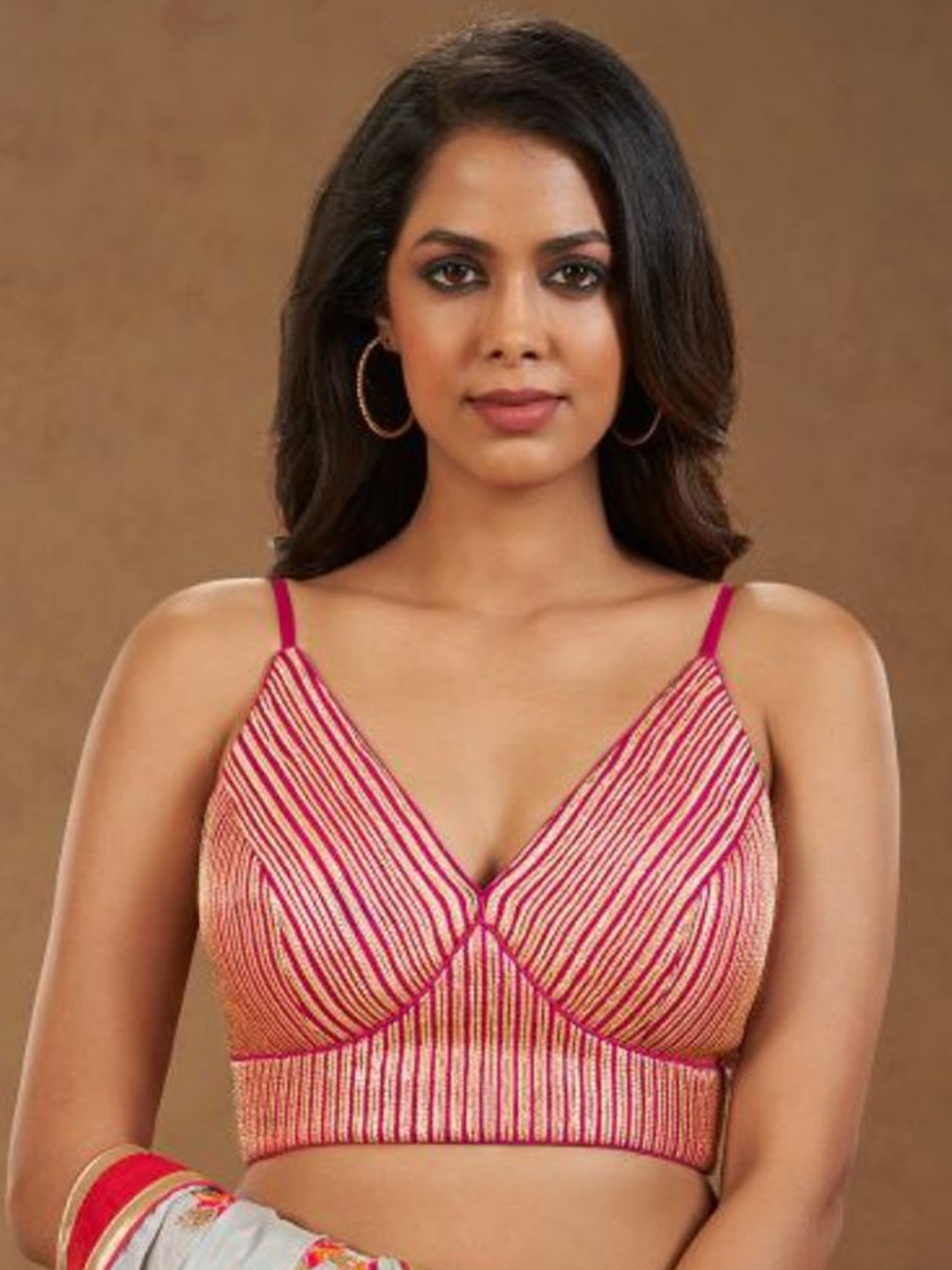 

SALWAR STUDIO Striped Shoulder Straps Saree Blouse, Pink