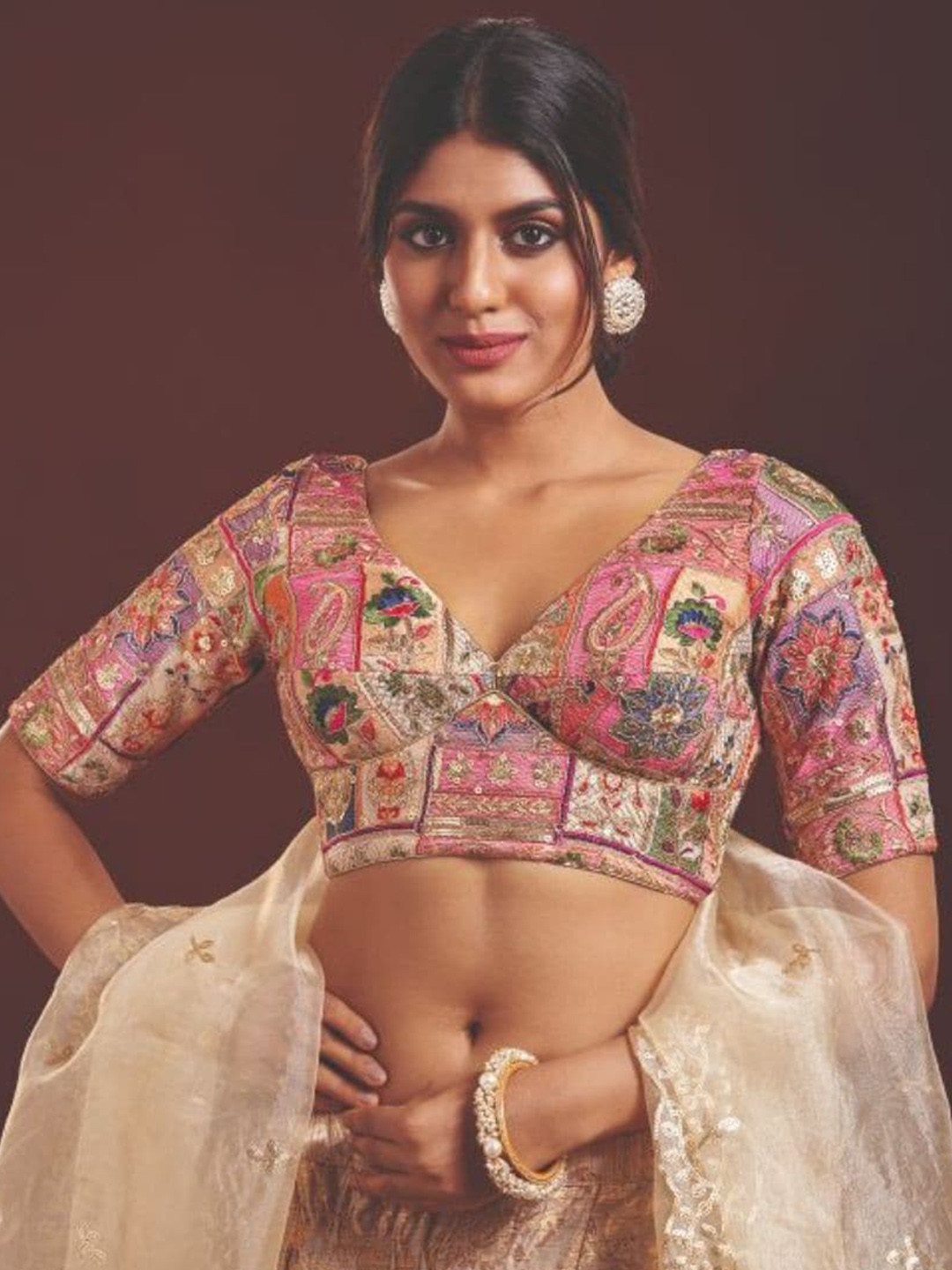 

SALWAR STUDIO Embroidered V-Neck Saree Blouse, Pink