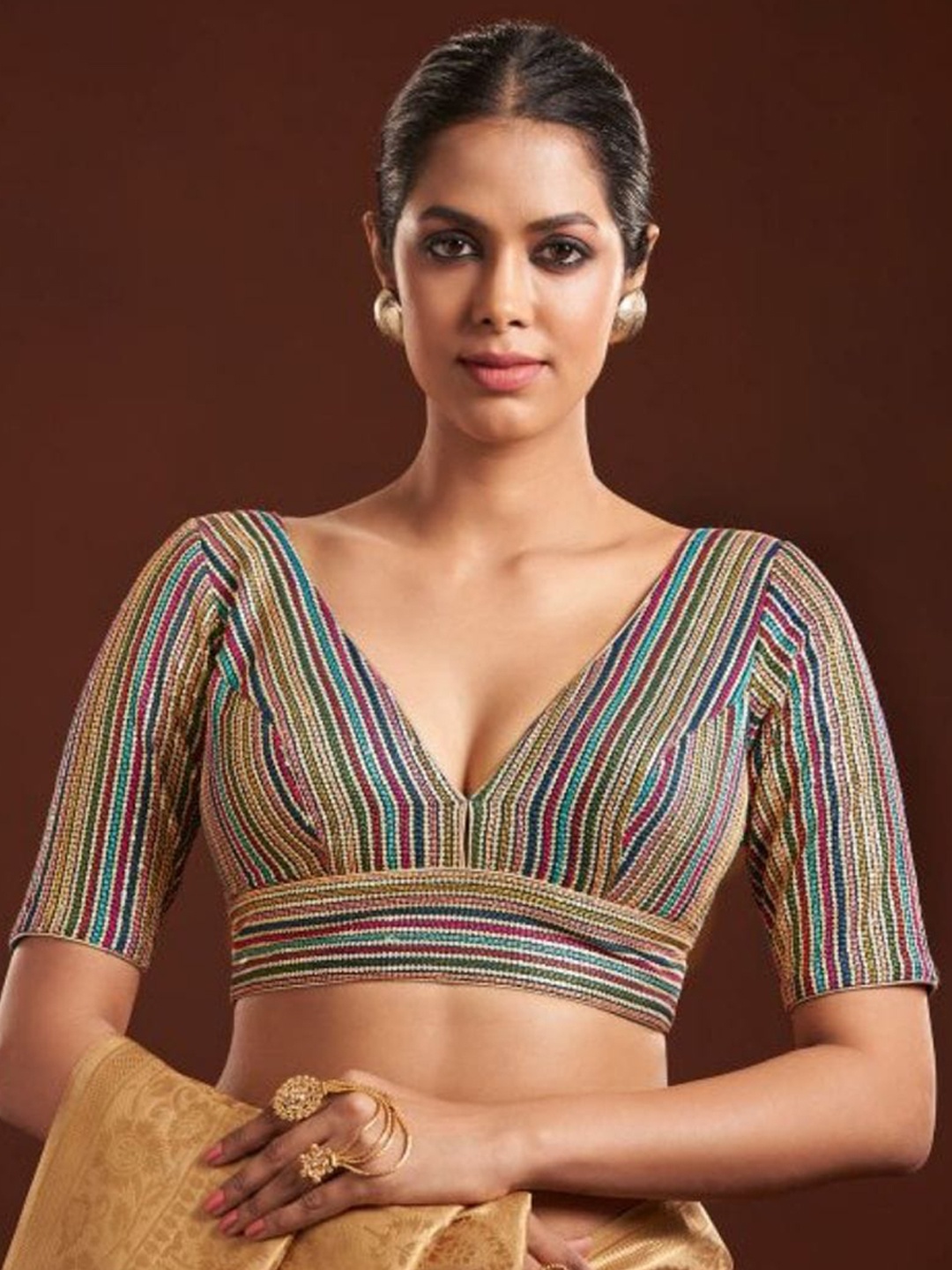 

SALWAR STUDIO Embroidered V-Neck Saree Blouse, Blue