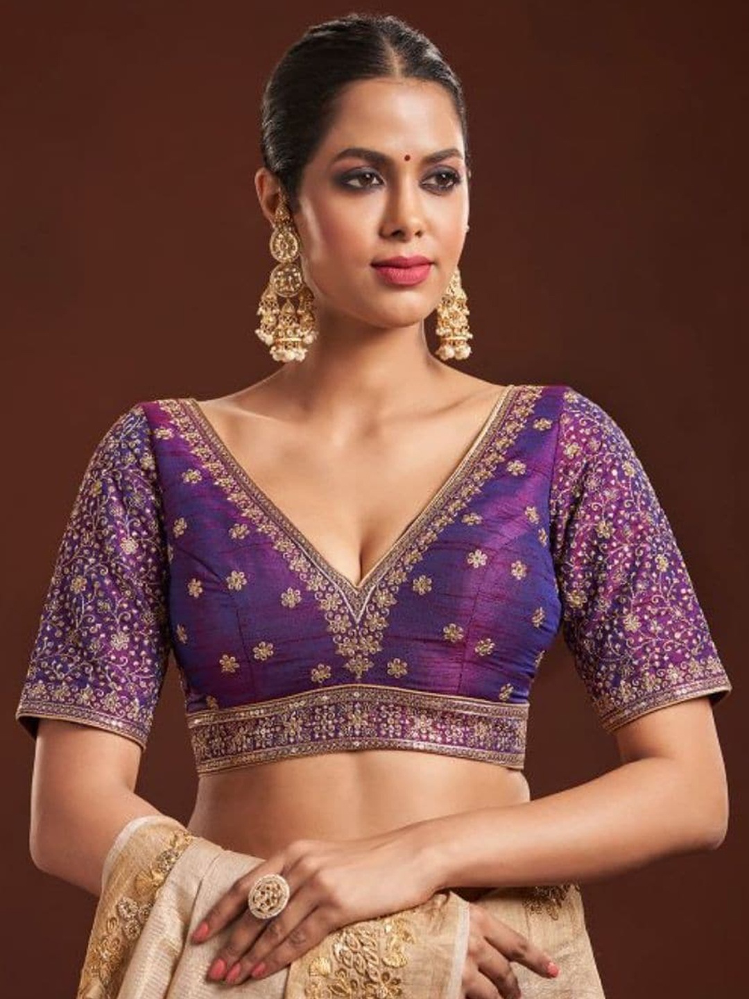 

SALWAR STUDIO Embroidered Raw Silk Saree Blouse, Purple