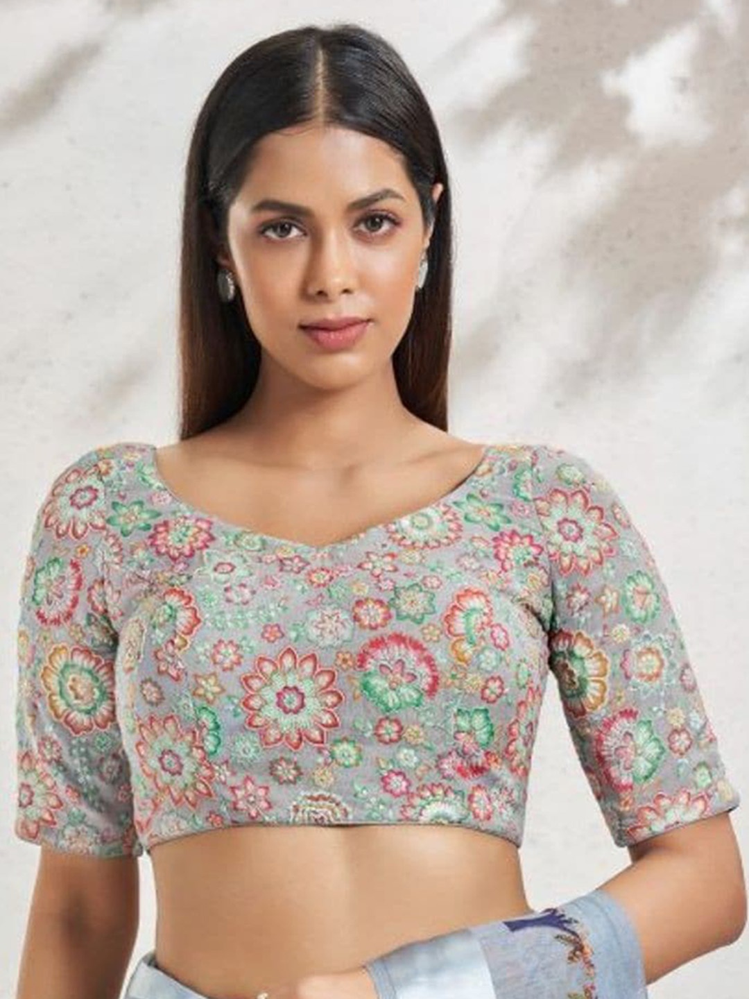 

SALWAR STUDIO Floral Embroidered Saree Blouse, Grey