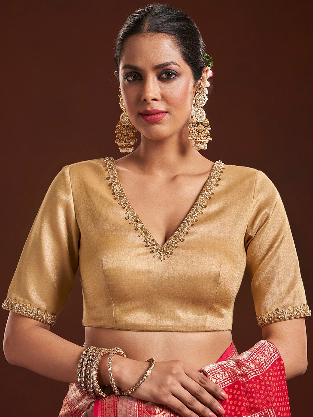 

SALWAR STUDIO Embellished Sequinned Tissue Saree Blouse, Gold