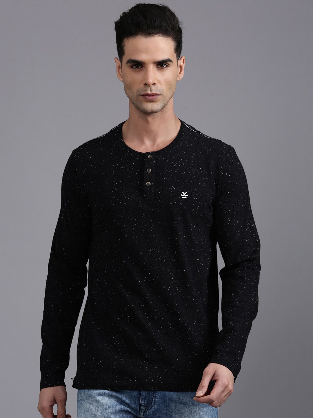 

WROGN Abstract Printed Henley Neck Cotton T-shirt, Black