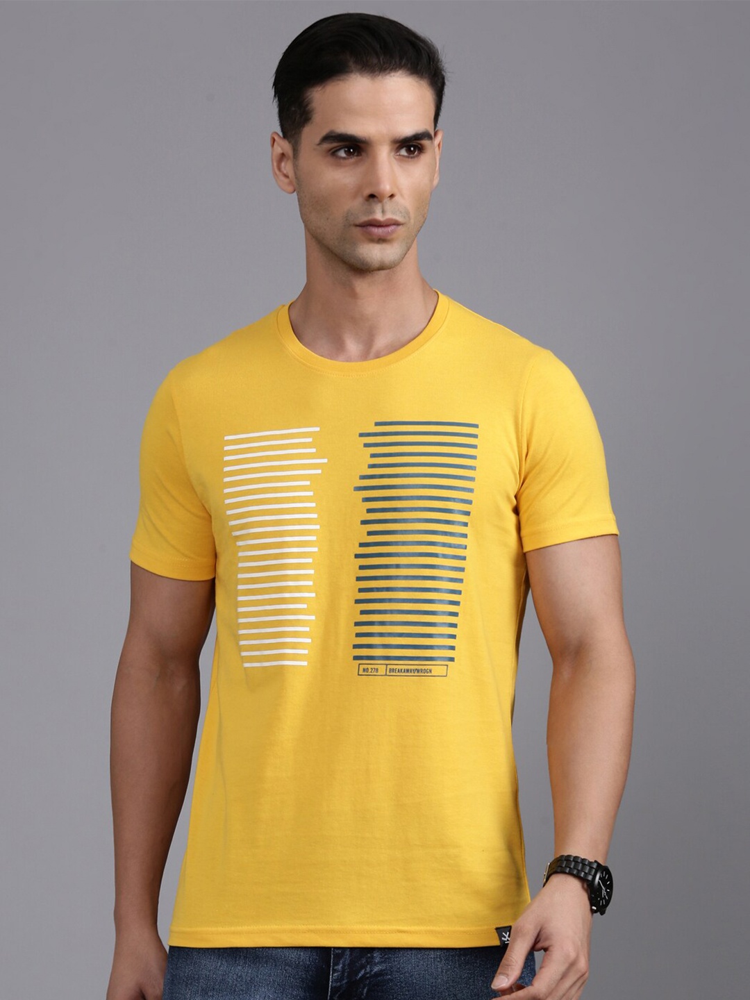 

WROGN Geometric Printed Cotton T-shirt, Yellow