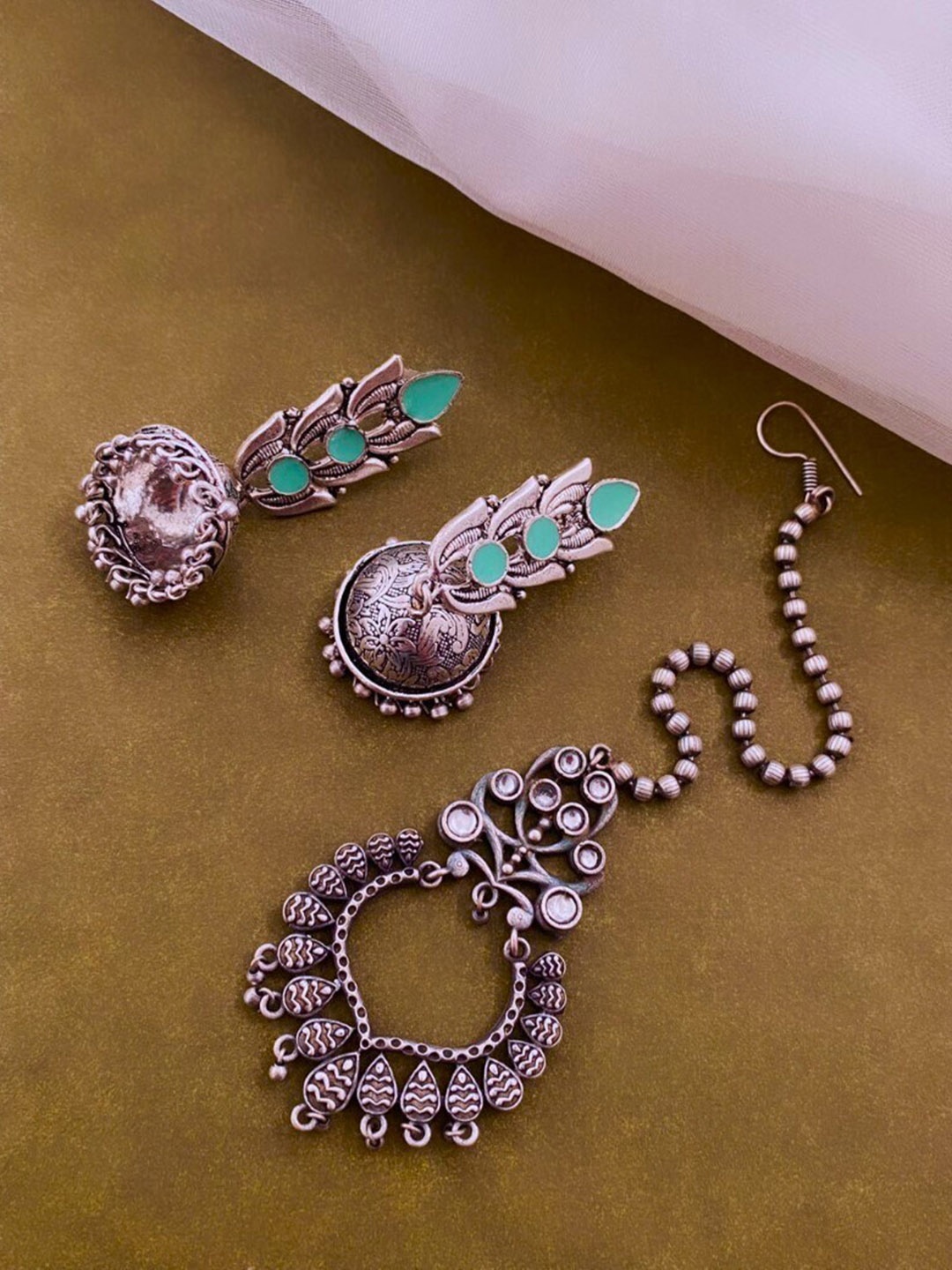 

ATIBELLE Silver-Plated Beaded Oxidised Jhumkas With Maangtikka Jewellery Set