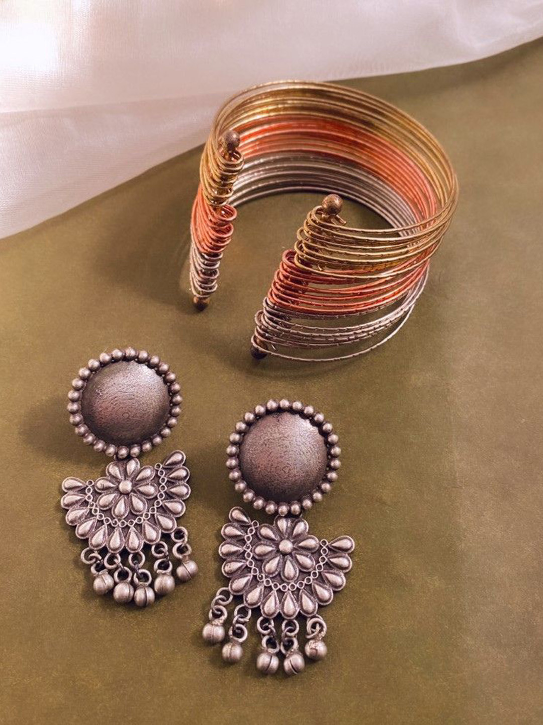 

ATIBELLE Silver-Plated Beads Studded Chandbalis With Bangle Jewellery Set