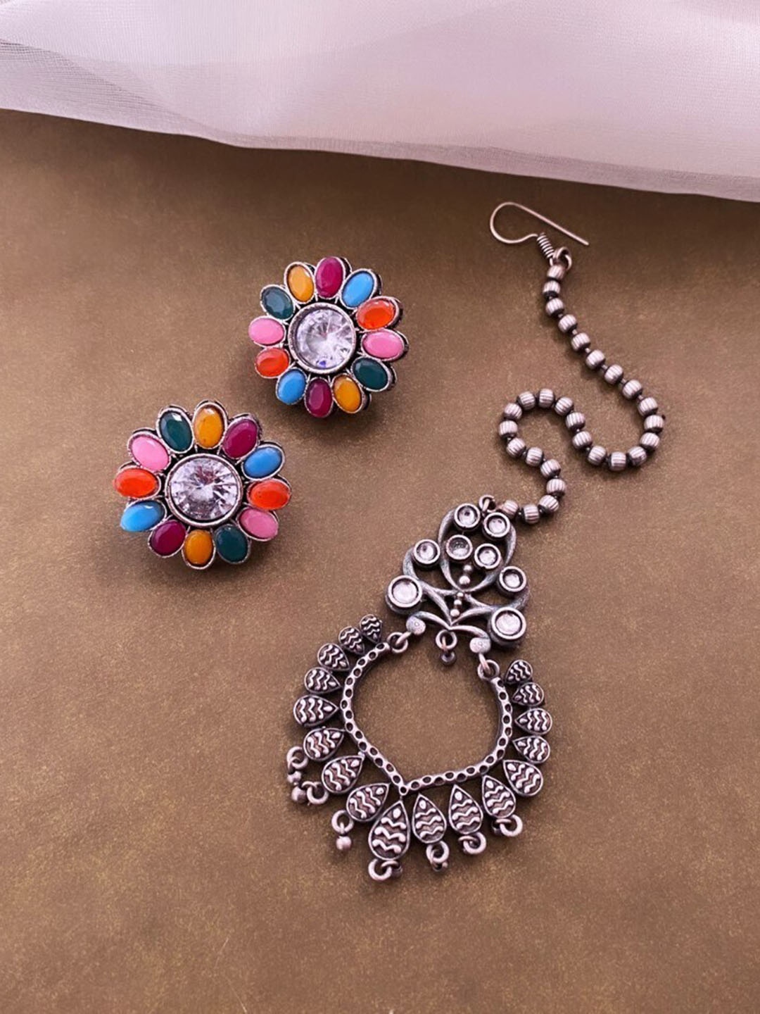 

ATIBELLE Set Of 2 Silver-Plated Stones-Studded Jewellery Set