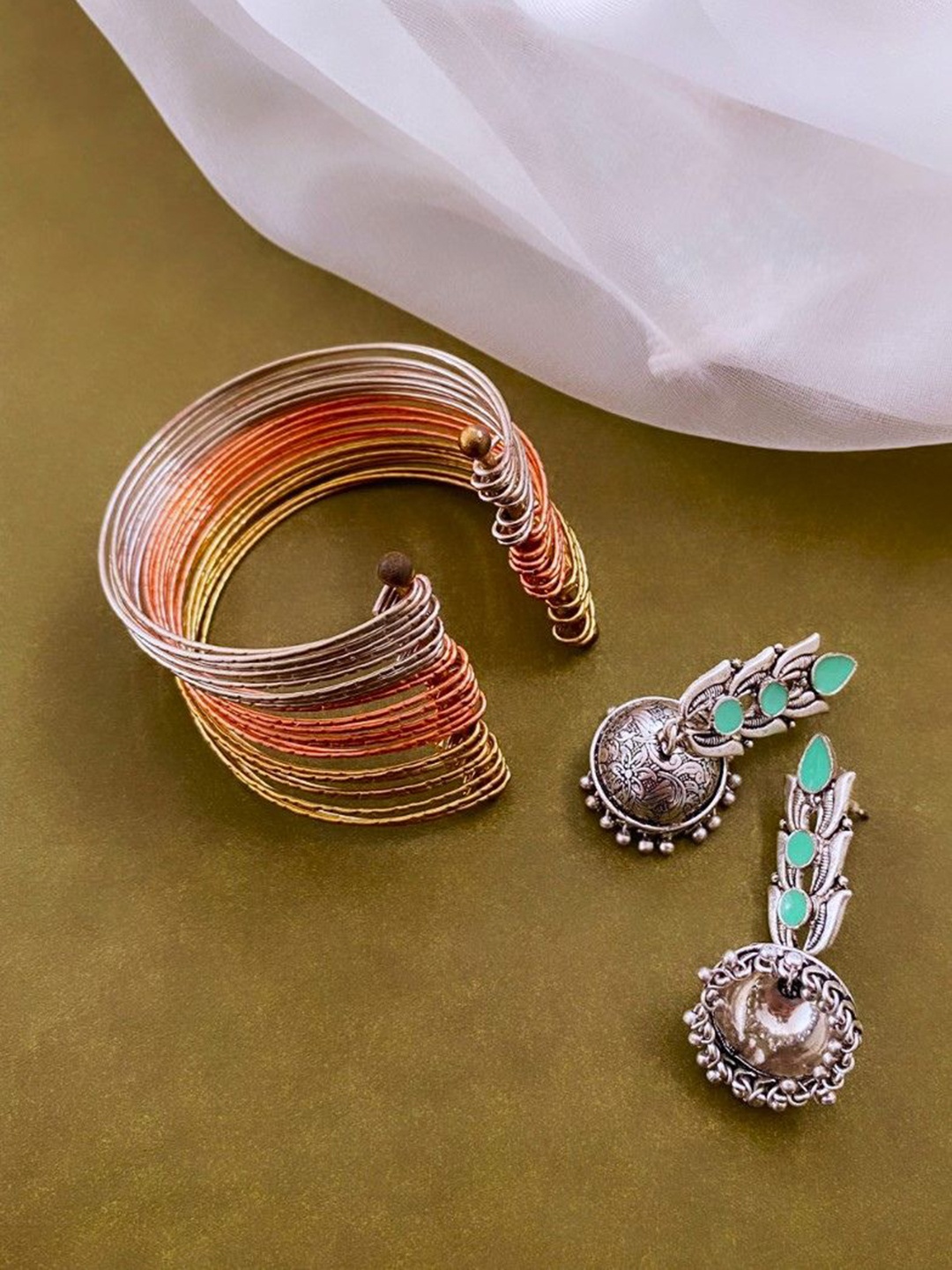 

ATIBELLE Silver Plated Stone Studded & Beaded Oxidised Jhumkas With Bangle Jewellery Set