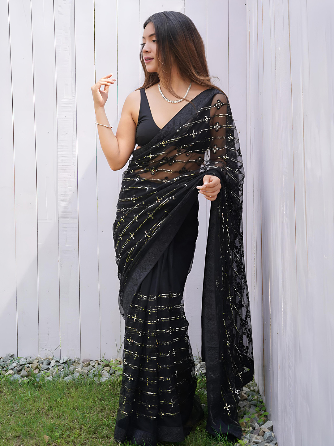 

Anouk Striped Sequinned Net Saree, Black
