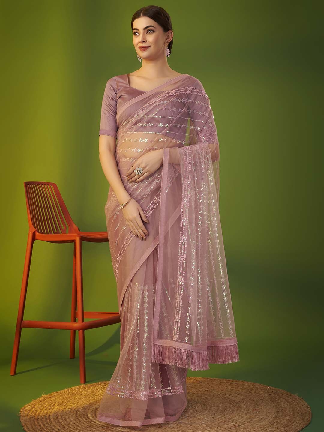 

Anouk Embellished Sequinned Net Saree, Pink